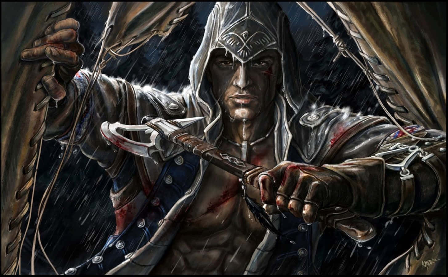 Connor Kenway 桌布 壁紙 — 一個戴著兜帽的刺客身穿濕透的盔甲，在黑暗風暴的天空下，以堅定的目光握著一把沾血的刀刃。