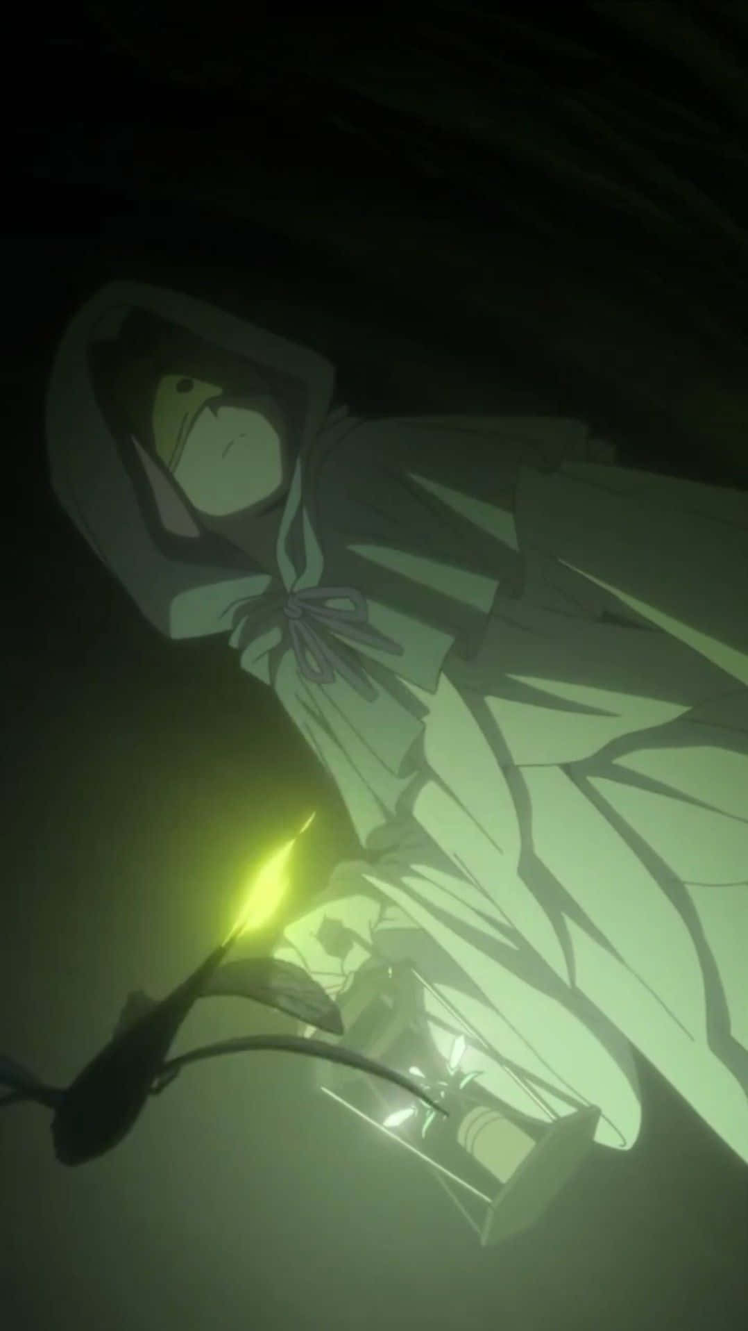 The Promised Neverland Mujika 桌布 壁紙 — 一個戴著兜帽的動漫人物在陰影中，於黑暗迷霧環境中手持發光綠色燈籠。