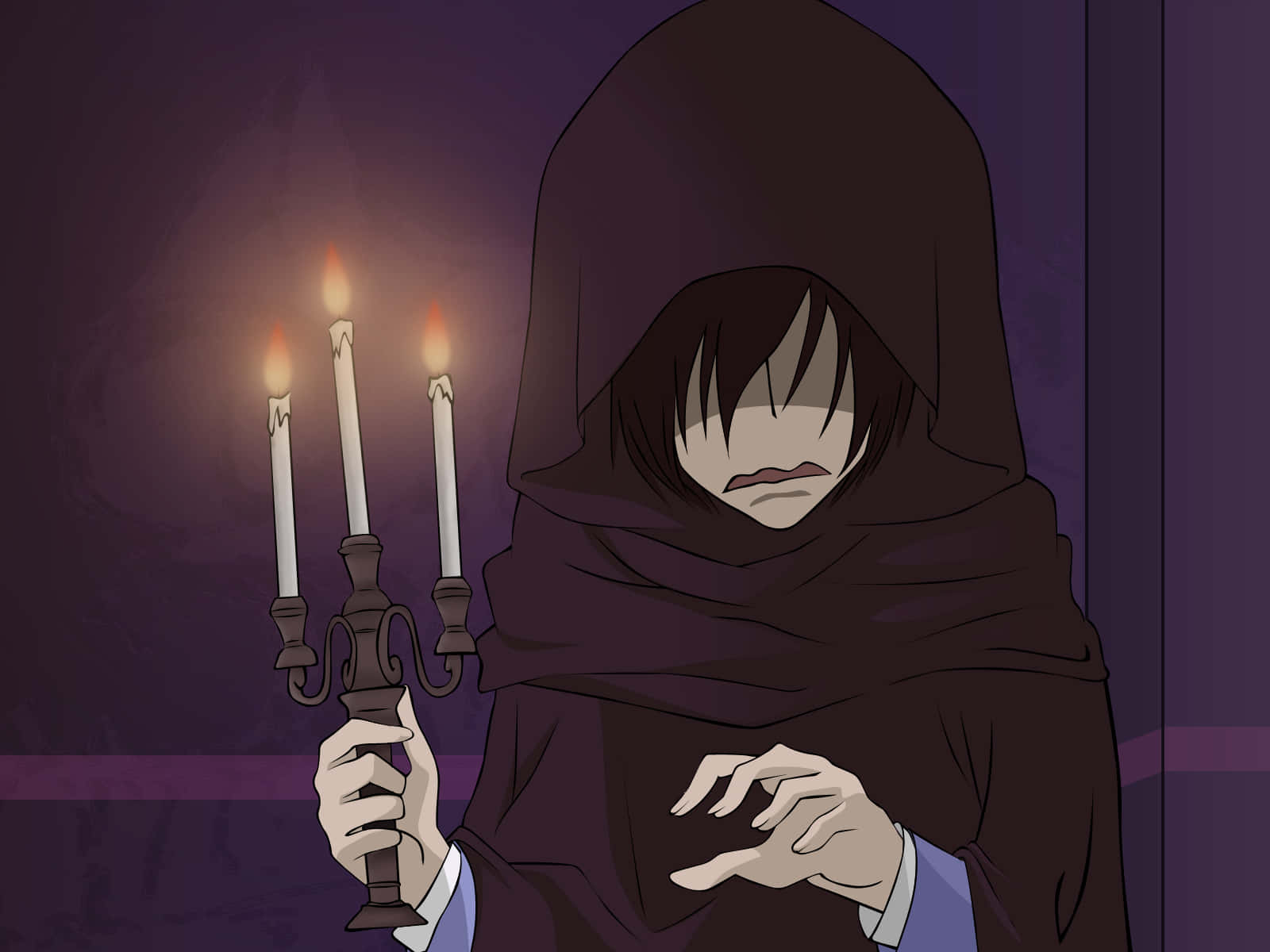 Umehito Nekozawa 桌布 壁紙 — 一個戴著兜帽的動漫人物手持一個燭台，上面有三根閃爍的蠟燭，在昏暗的紫色房間中投射出詭異的光芒。