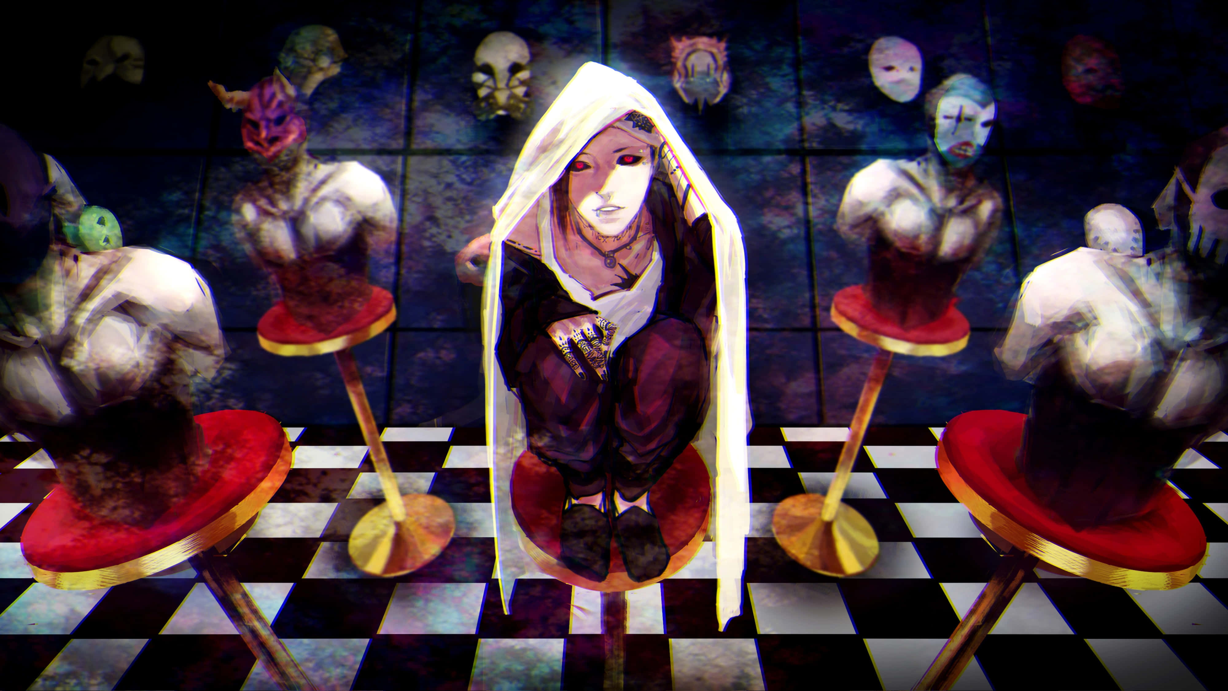 Tokyo Ghoul Uta 桌布 壁紙 — 一個戴著兜帽的動漫女孩坐在中央的紅色凳子上，置身於超現實的棋盤格地板，周圍是戴面具的人物。