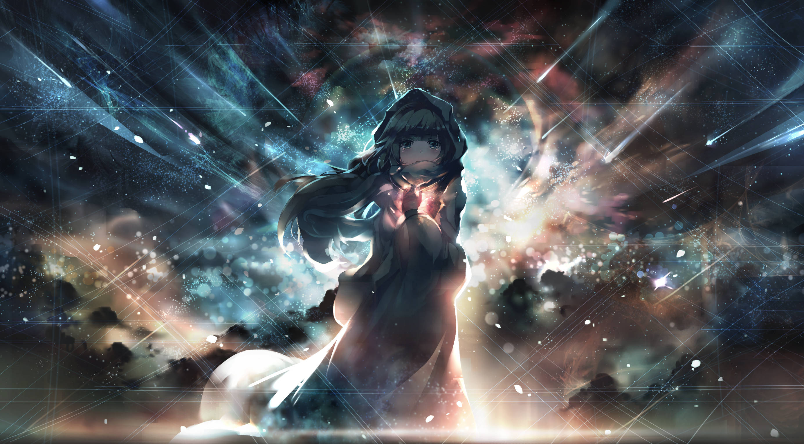 動漫藝術GIF 桌布 壁紙 — 一個戴著兜帽的動漫女孩站在星光燦爛的天空下，置身於由發光星雲和劃過天際的流星組成的宇宙風暴中。