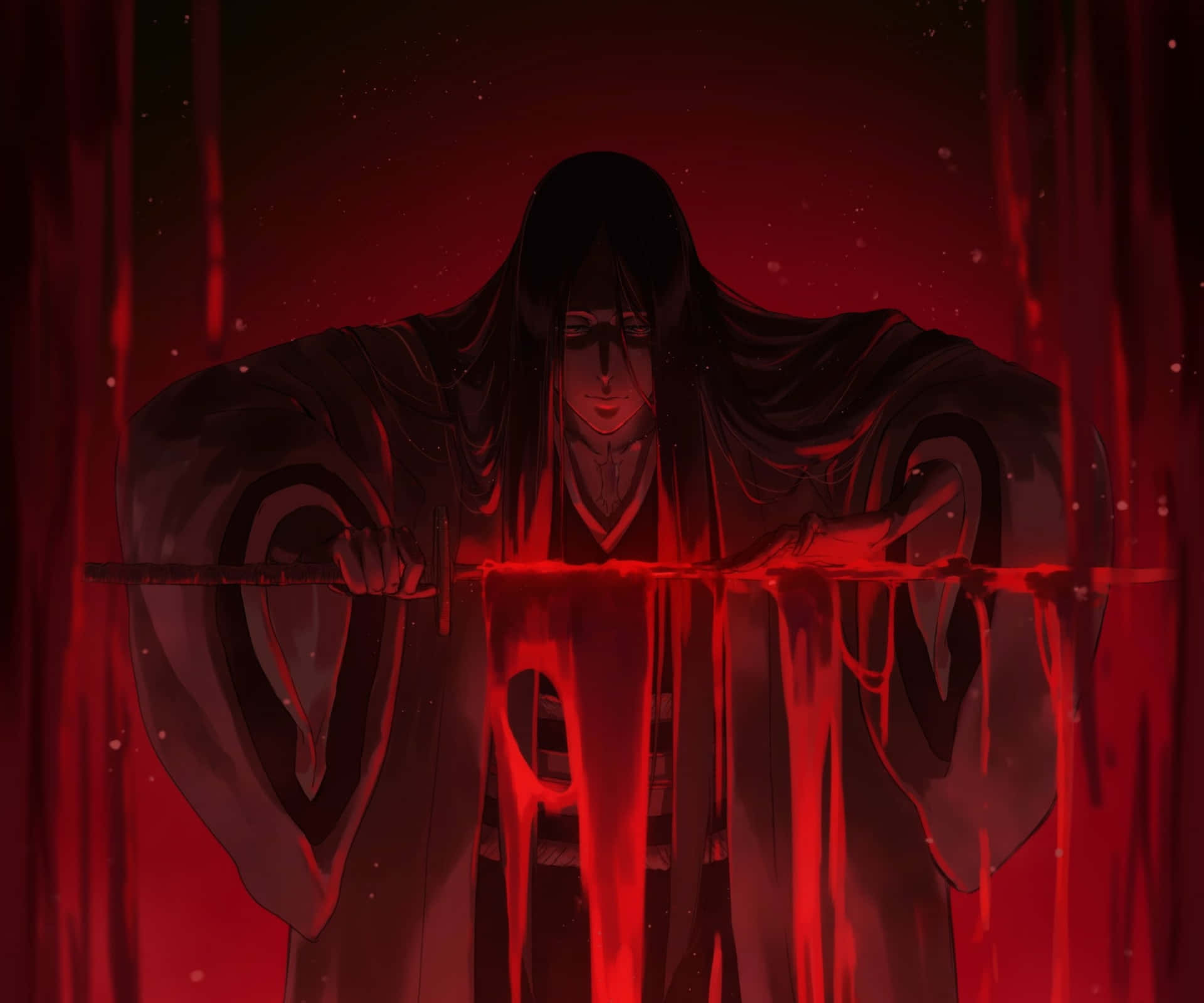 動漫角色身穿深色長袍，手持劍，紅色液體滴下。 — 死神 GIF 壁紙