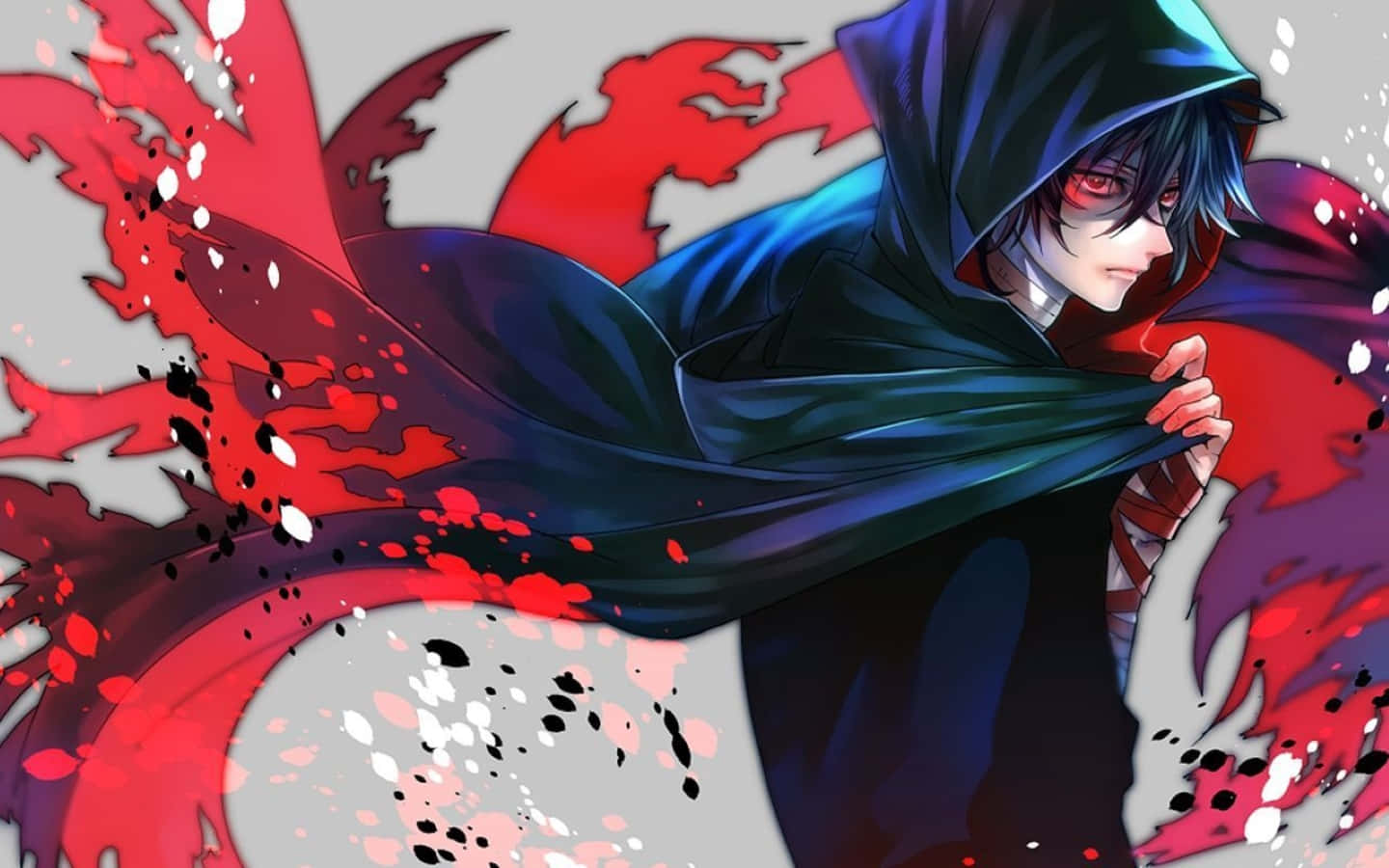 Ayato Kirishima 桌布 壁紙 — 一個戴著兜帽的動漫角色，擁有紅色眼睛和黑色斗篷，站在灰色背景上旋轉的紅色和白色飛濺物之中。