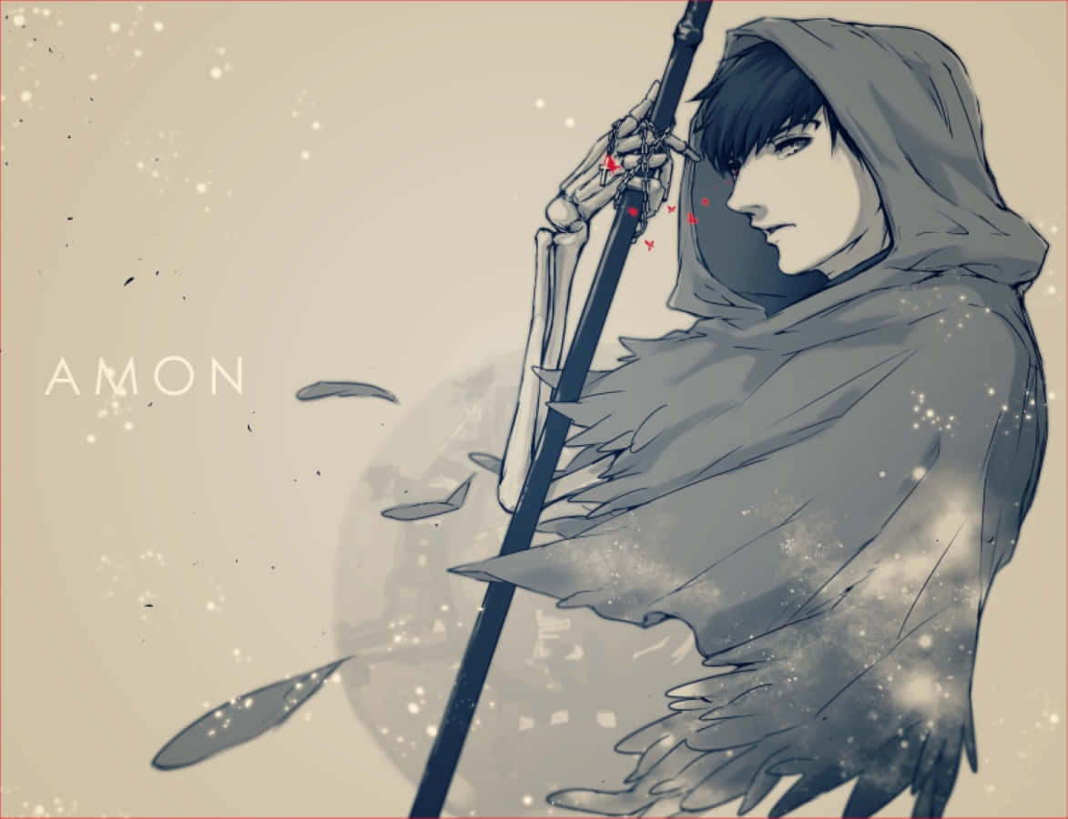Koutarou Amon 桌布 壁紙 — 一個戴著兜帽的動漫角色，擁有骷髏般的手，在飄落的羽毛和發光粒子中握著一根法杖。