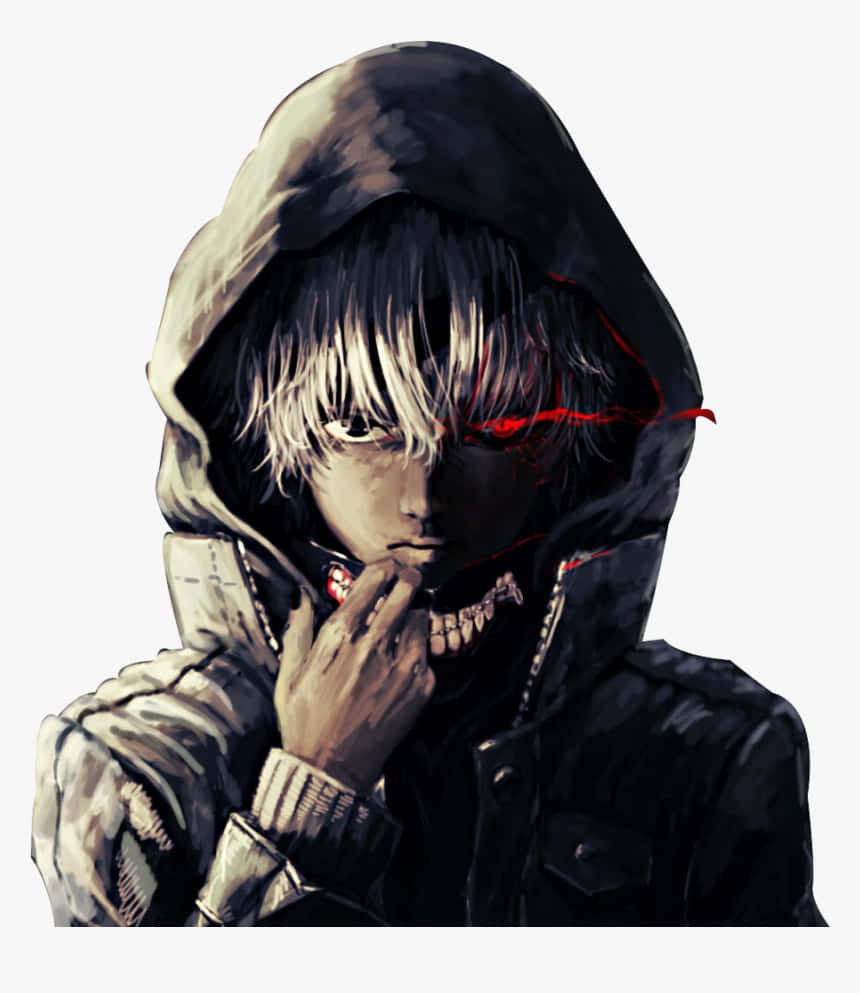 東京喰種 桌布 壁紙 — 一個戴著兜帽的動漫角色，有著紅色發光的眼睛和猙獰的表情，在深色外套中握著一顆血淋淋的牙齒。