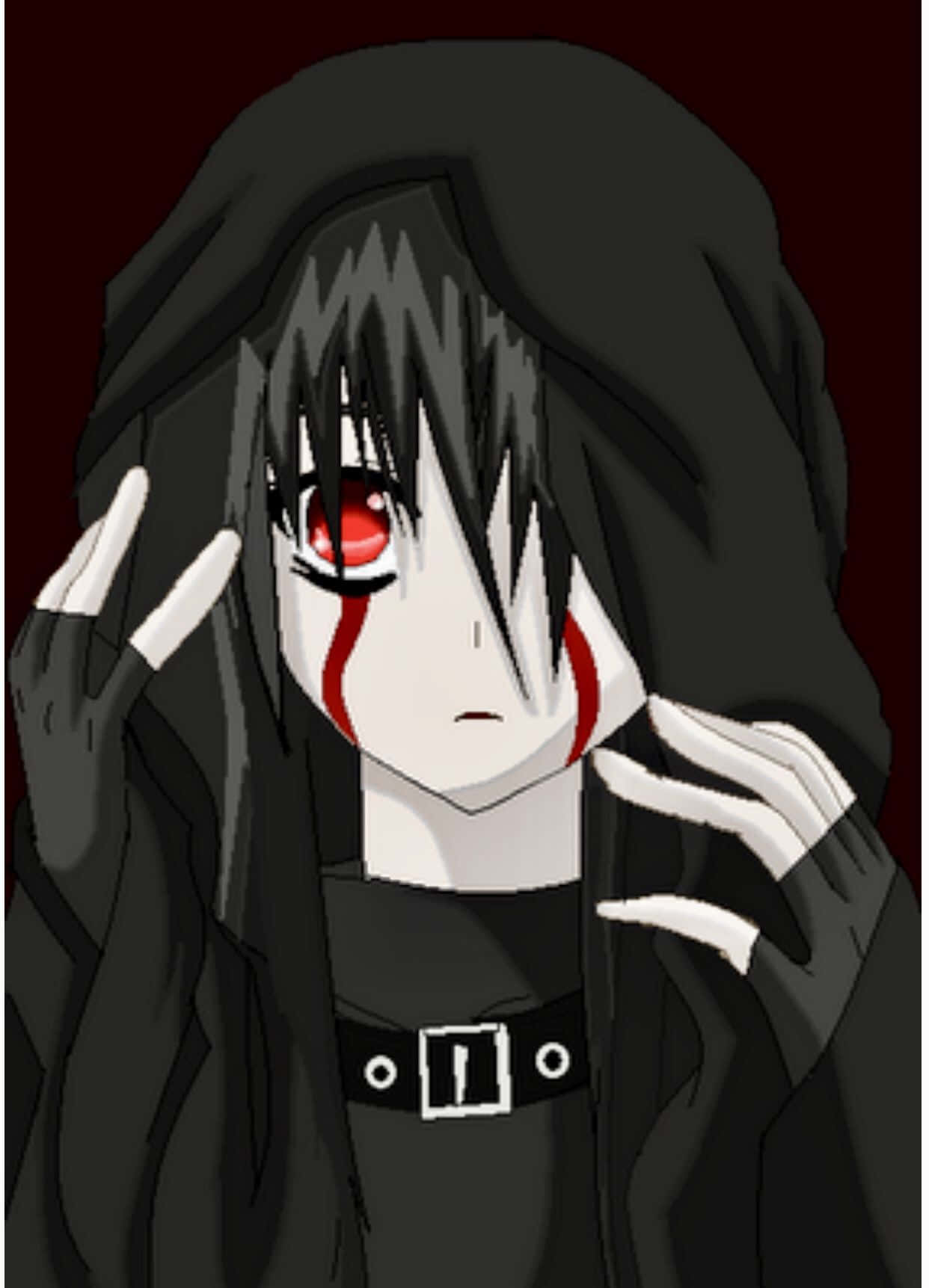 Dark Anime Boy 桌布 壁紙 — 一個戴著兜帽的動漫角色，紅色的眼睛和臉上的血痕，雙手舉起，在黑暗背景下擺出戲劇性的姿勢。