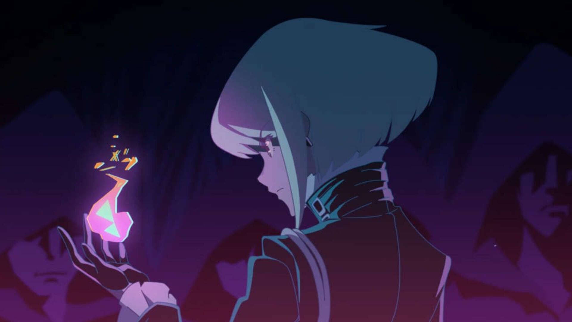 Promare 桌布 壁紙 — 一個戴著兜帽的動漫角色在深紫色洞穴中手持發光的粉紅色寶石，背後有陰影人物潛伏。