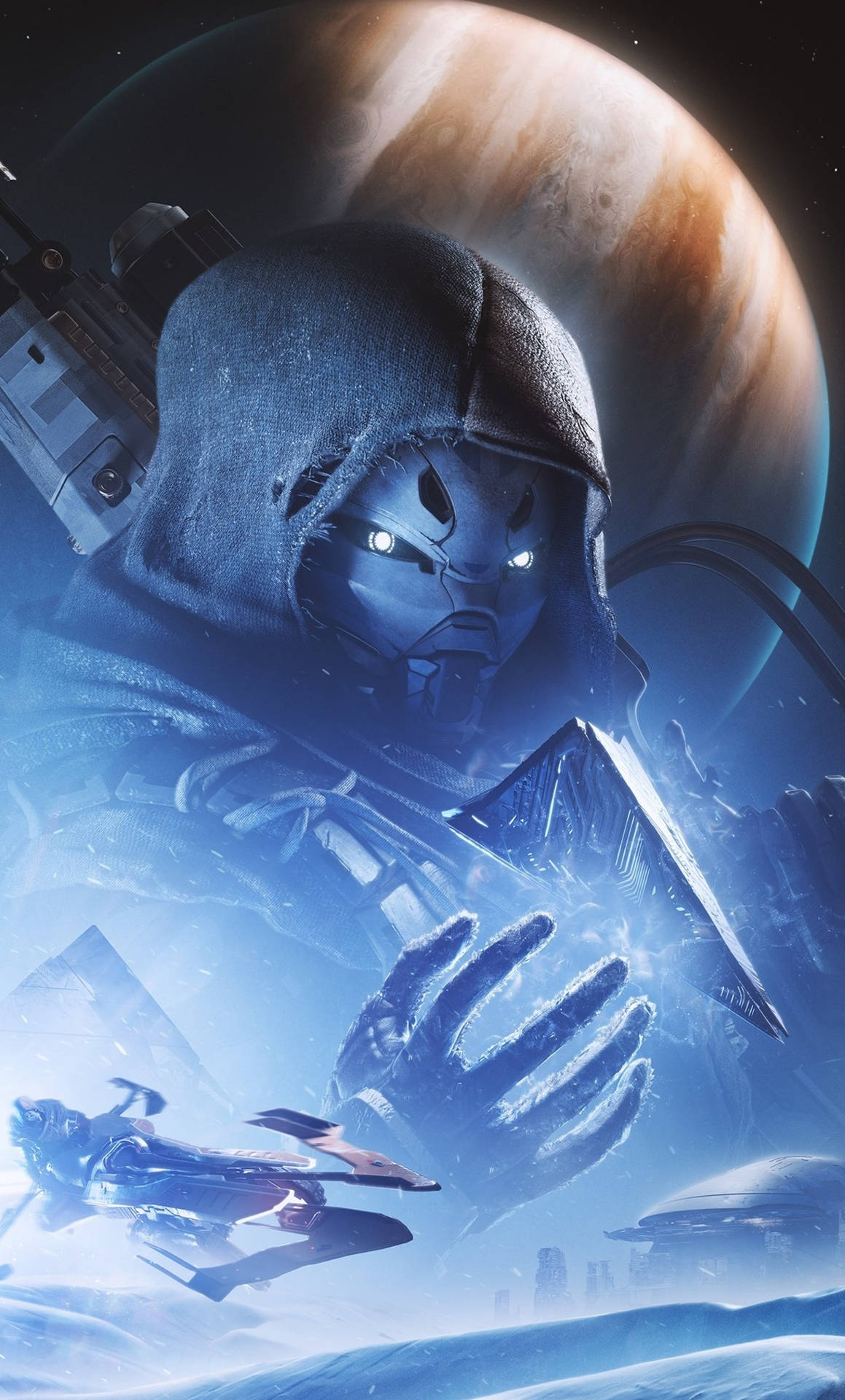 Destiny 2 桌布 壁紙 — 一個戴著兜帽的外星戰士，眼睛發光，手持刀刃，背景是巨大行星和未來太空船。