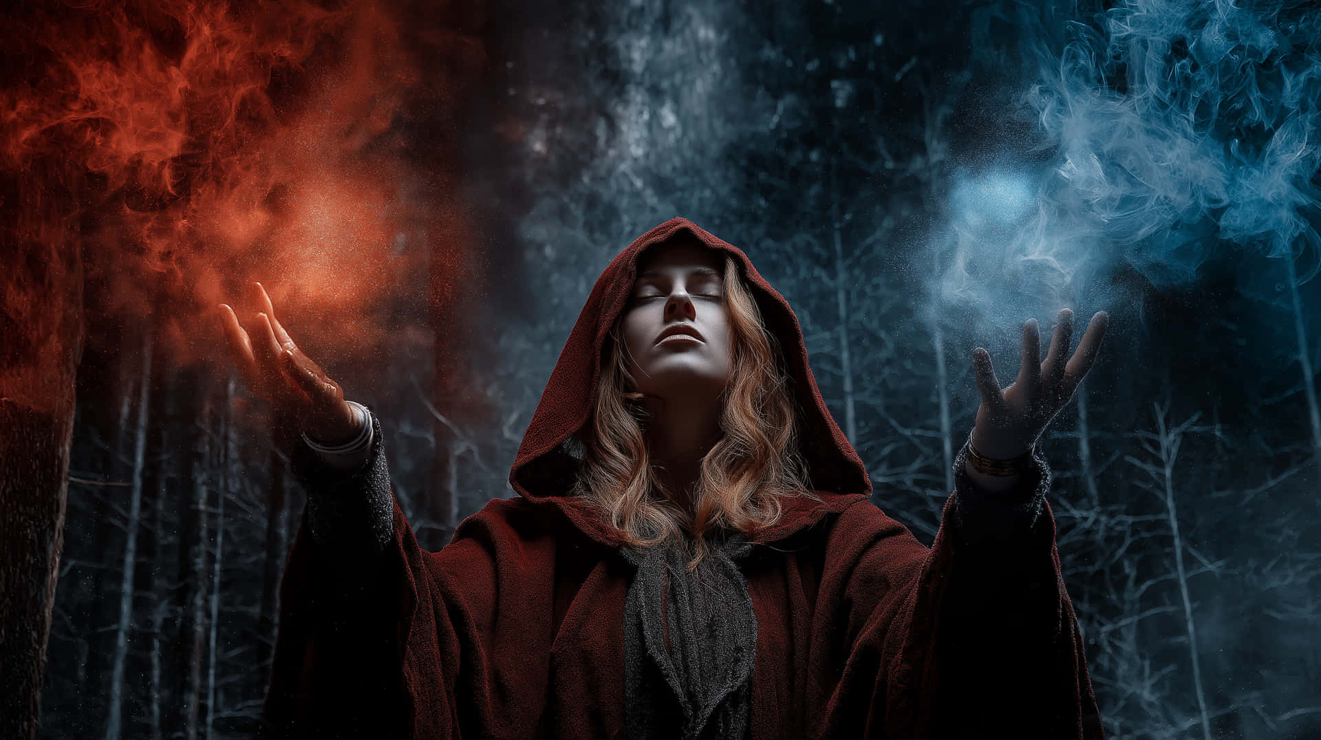 Sorceress of Elements 壁紙 — 一個戴著兜帽的女人站在黑暗的森林中，雙手伸出，火紅和冰藍色的魔法能量在她周圍旋轉。