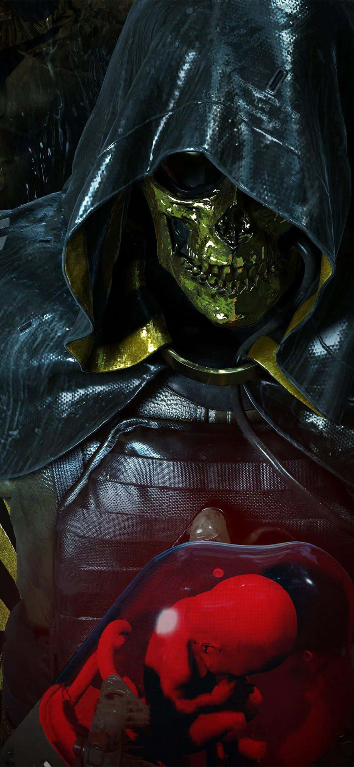 iPhone X Death Stranding 桌布 壁紙 — 一個戴著兜帽的威脅人物，金色骷髏臉，手持透明容器中的發光紅色胎兒。