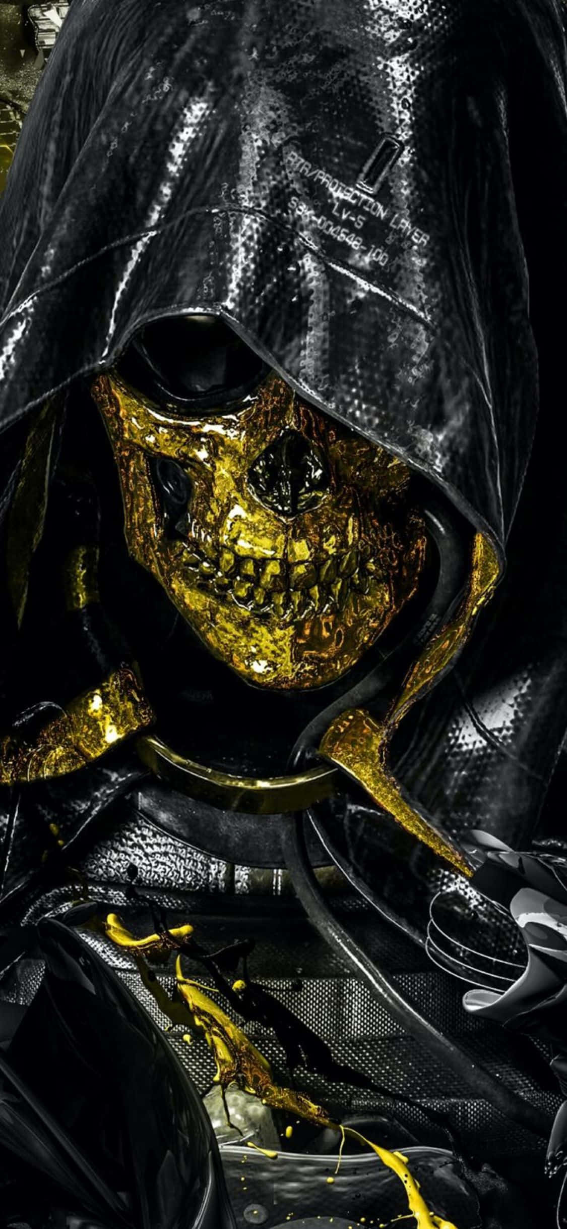 iPhone X Death Stranding 桌布 壁紙 — 一個戴著兜帽的威脅人物，閃耀的金色骷髏臉和黑色紋理斗篷，在黑暗背景下滴落熔化的黃金。
