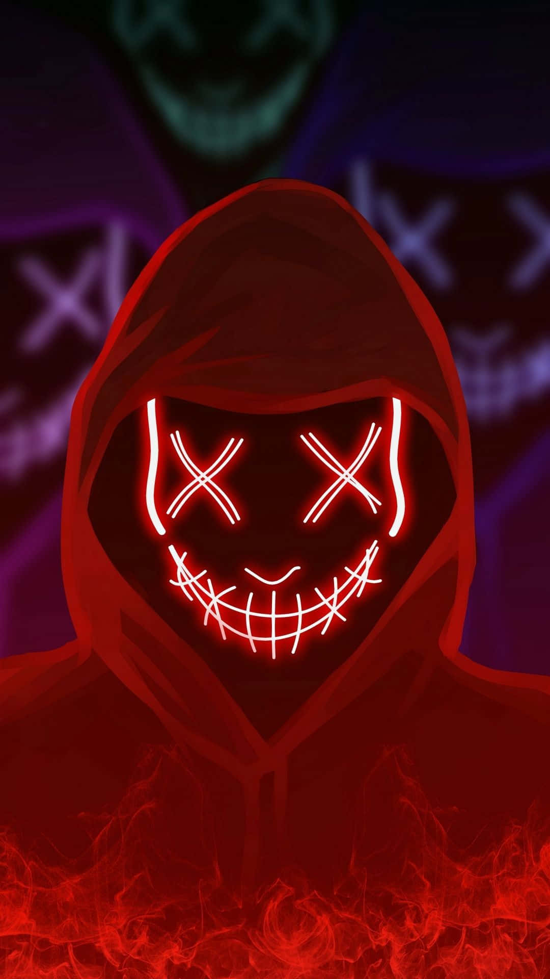 Red Hoodie 桌布 壁紙 — 一個戴著兜帽的威脅性人物，擁有發光的紅色X形眼睛和縫合的笑容，站在黑暗背景上旋轉的火焰之上。