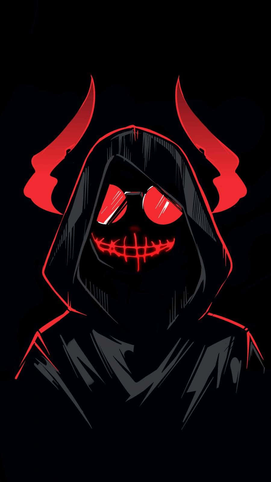 Anime Evil Smile 桌布 壁紙 — 一個戴著兜帽的威脅性人物，有發光的紅眼睛和角，背景為黑色。