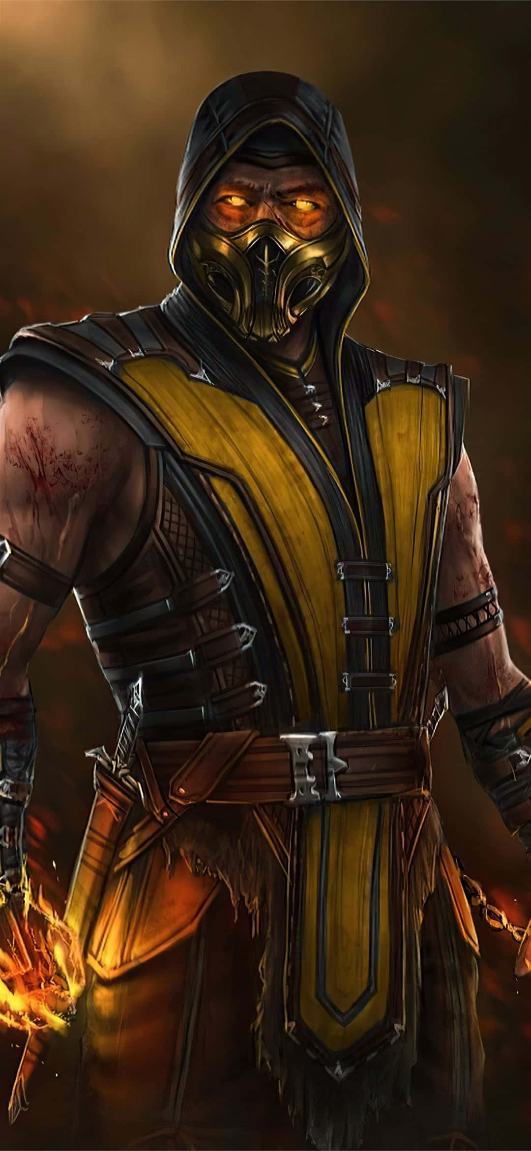 Mortal Kombat Scorpion 桌布 壁紙 — 一個戴著兜帽的威脅性戰士，擁有發光的橙色眼睛和火焰之手，站在煙霧瀰漫的黑暗環境中。