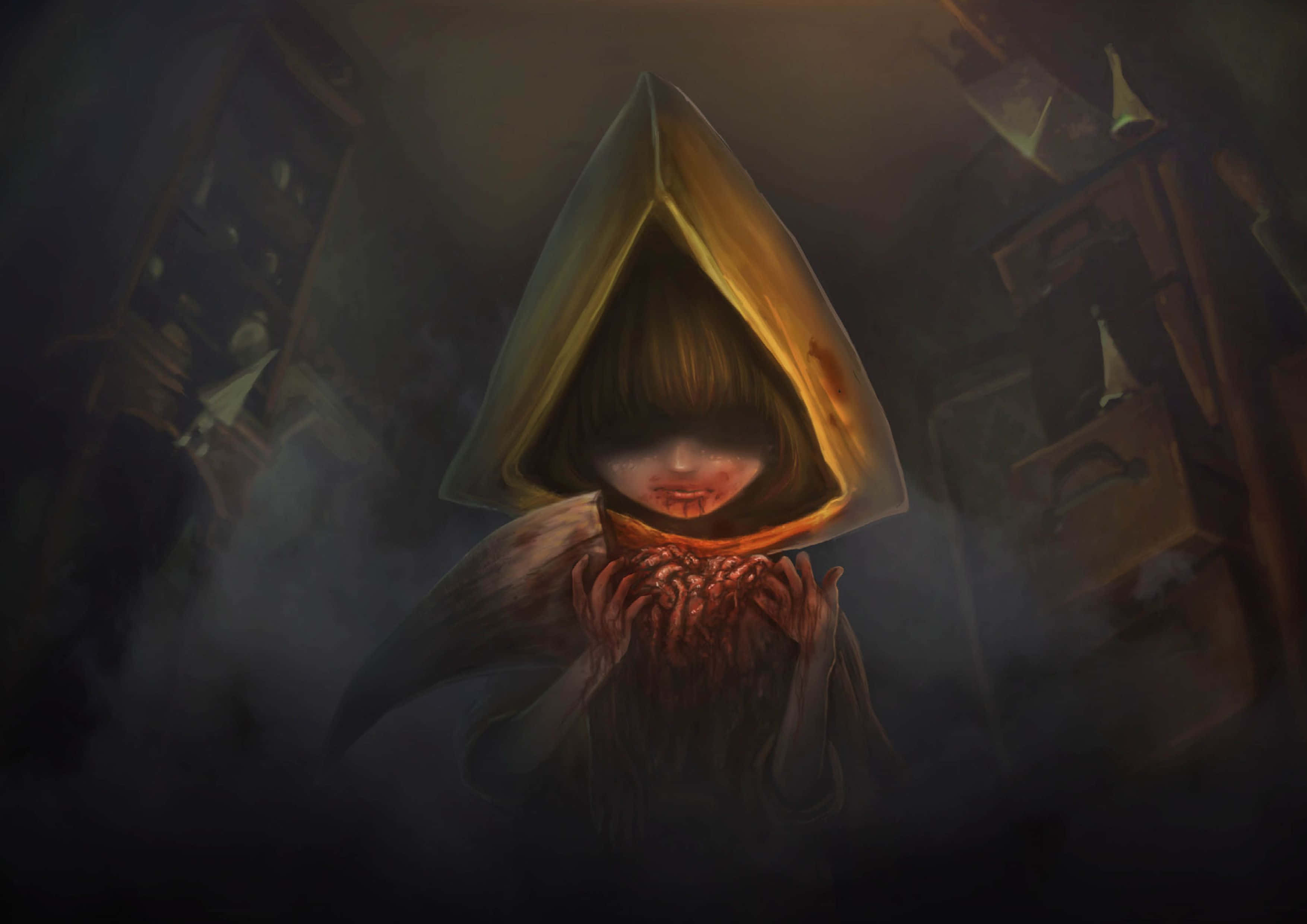 Little Nightmares 4K 桌布 壁紙 — 一個戴著兜帽的孩子，雙手沾滿鮮血，在昏暗陰森的房間裡緊抓著一個怪誕的紅色團塊。