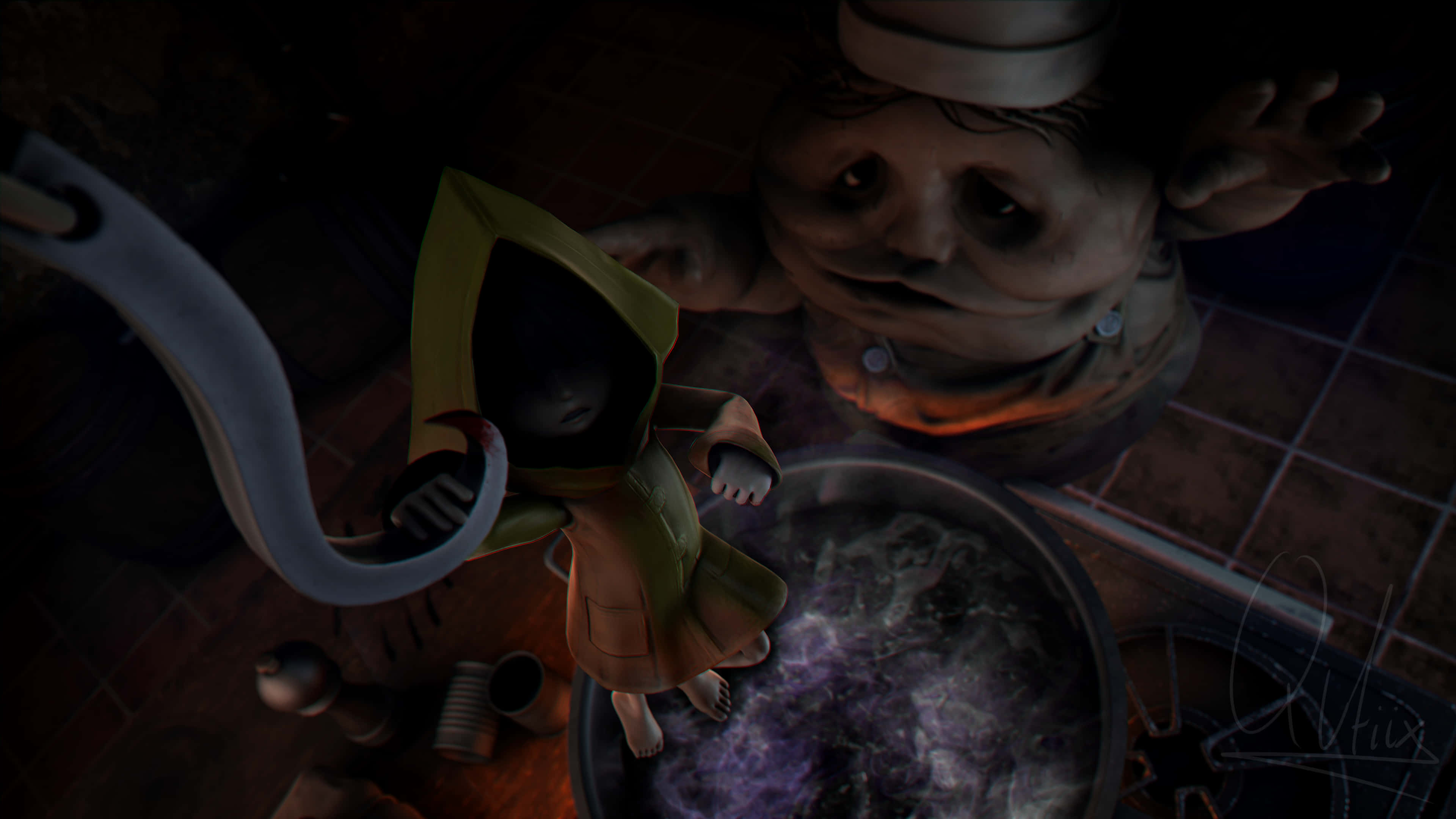 Little Nightmares 4K 桌布 壁紙 — 一個戴著兜帽的孩子拿著彎曲的刀片，面對一個在昏暗廚房裡、鍋中冒泡的威脅性廚師。