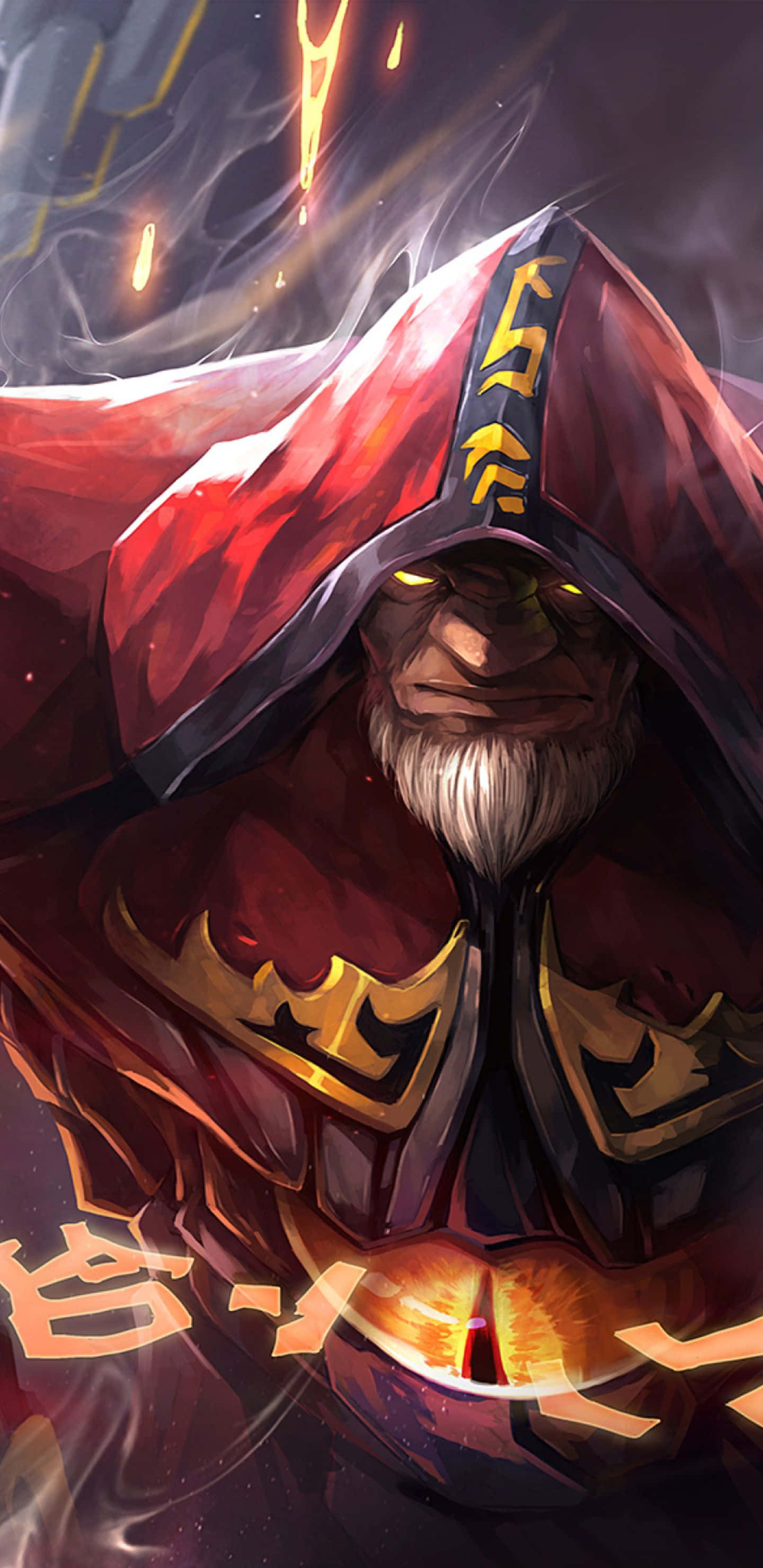 Pixel 3xl Dota 2 桌布 壁紙 — 一個戴著兜帽的巫師，眼睛發光，符文燃燒，在黑暗神秘環境中施展魔法。