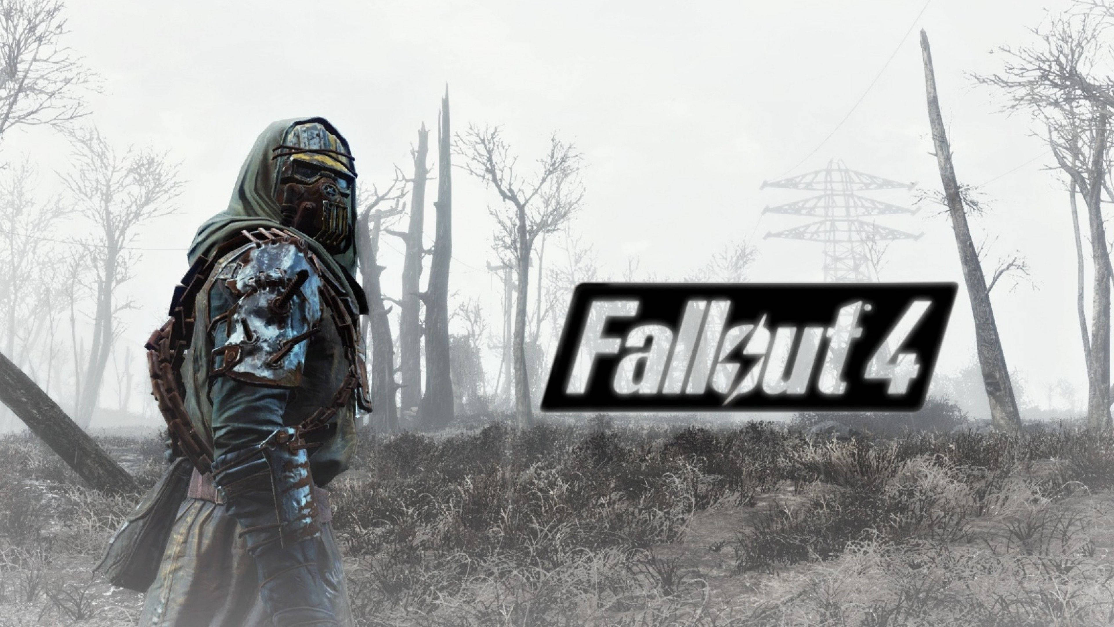 Fallout 4 桌布 壁紙 — 一個戴著兜帽的廢土倖存者站在一片荒涼的灰燼覆蓋的田野中，有光禿禿的樹木和遠處的電線，天空灰濛濛。