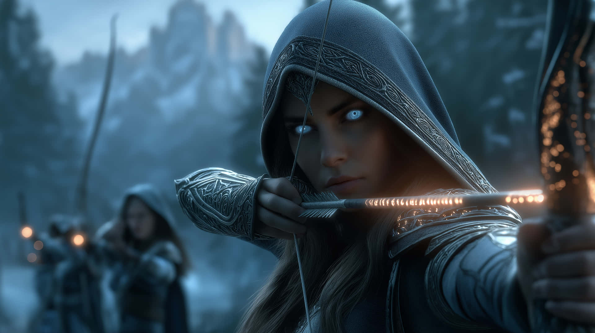 Hooded Hunter: Elven Archer in Mystic Twilight Realm 壁紙 — 一個戴著兜帽的弓箭手，閃爍著藍光的眼睛拉開發光的弓，在霧氣瀰漫的雪林中，身後有同伴戰士。