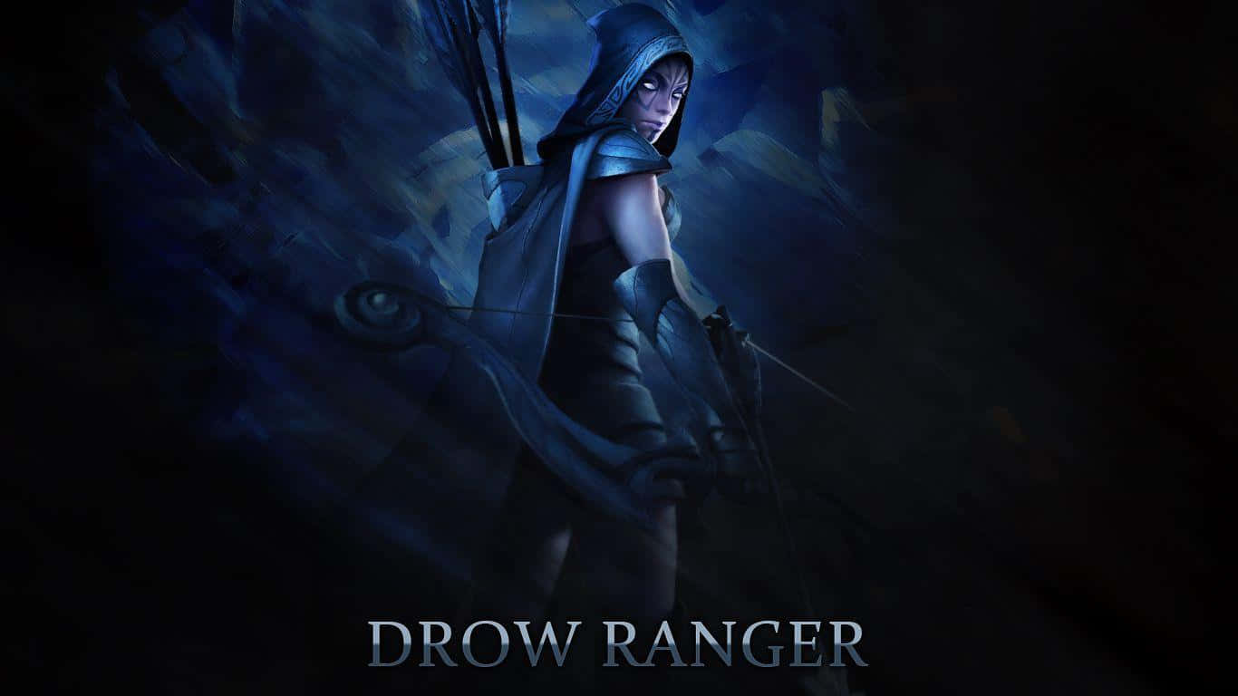 Drow Ranger 桌布 壁紙 — 一個戴著兜帽的弓箭手在陰暗的藍色調中拉弓待發，眼睛閃爍著決心。