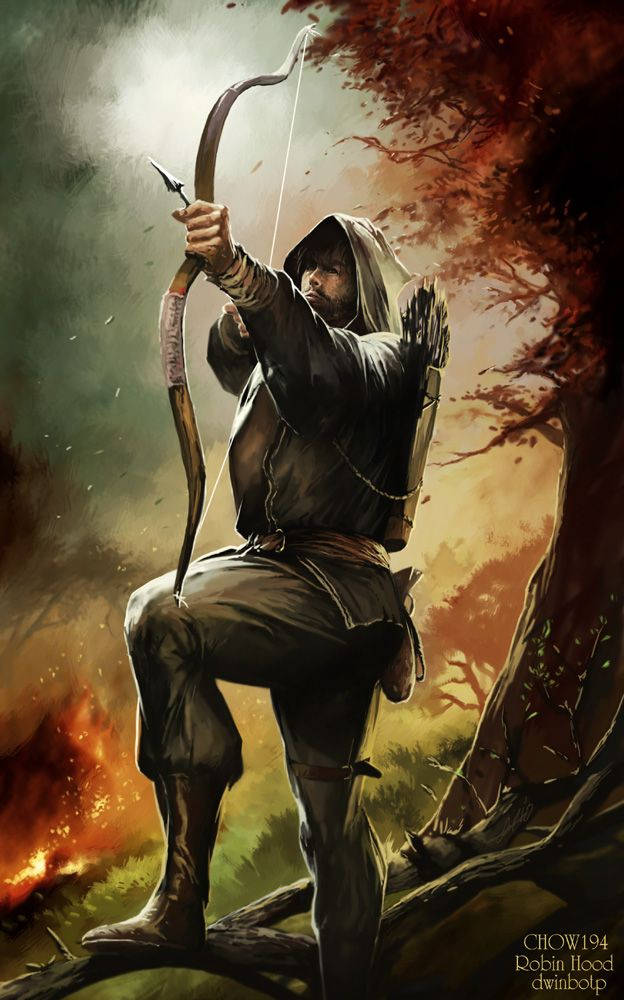 robin 桌布 壁紙 — 一個戴著兜帽的弓箭手蹲在樹枝上瞄準弓，下方火焰燃燒，秋葉在風中旋轉。
