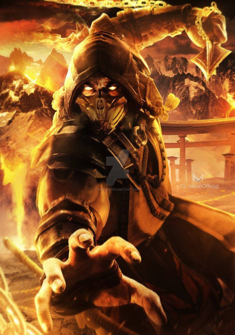Mk11 桌布 壁紙 — 一個戴著兜帽的忍者戰士，眼睛發光，戴著面具，在熾熱的山地景觀中向前猛衝。