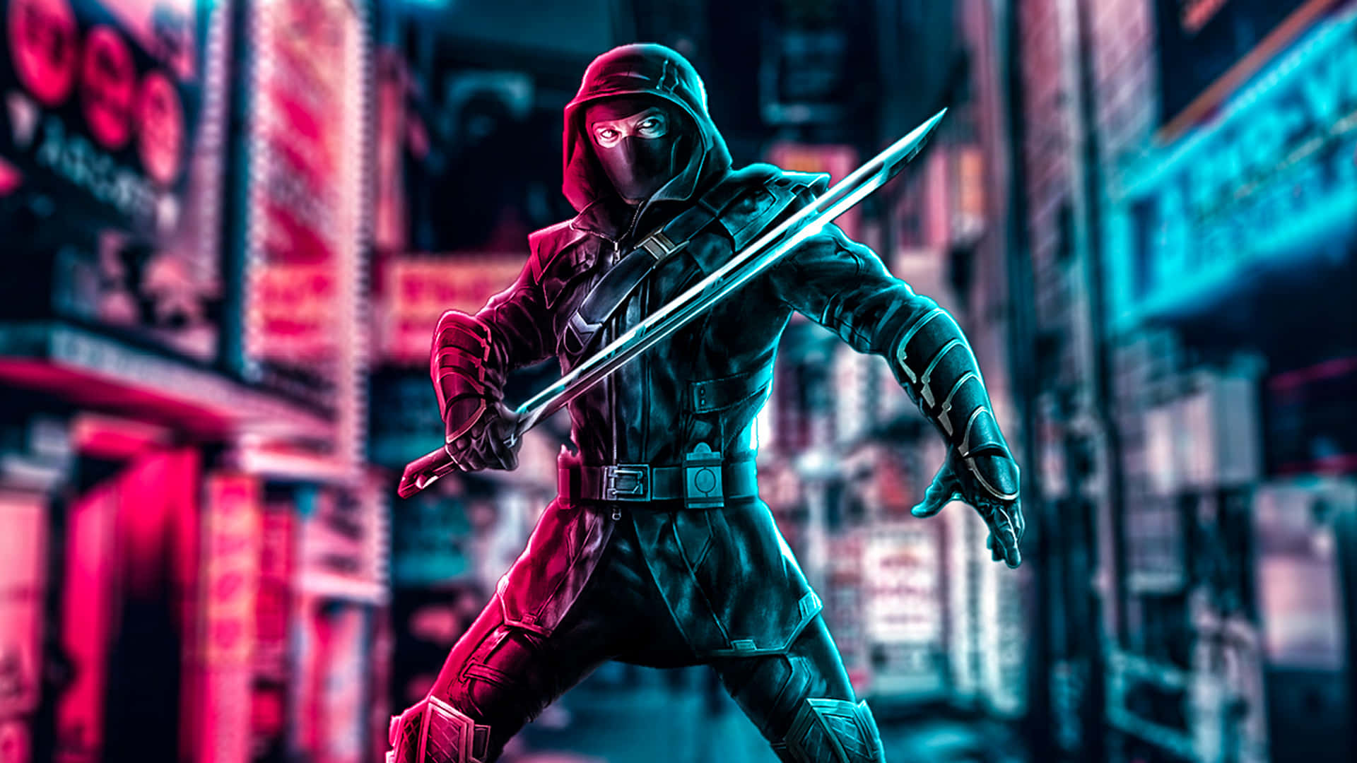 Ronin 桌布 壁紙 — 一個戴著兜帽的忍者戰士在夜晚霓虹燈閃爍的賽博朋克城市小巷中揮舞著發光的劍。