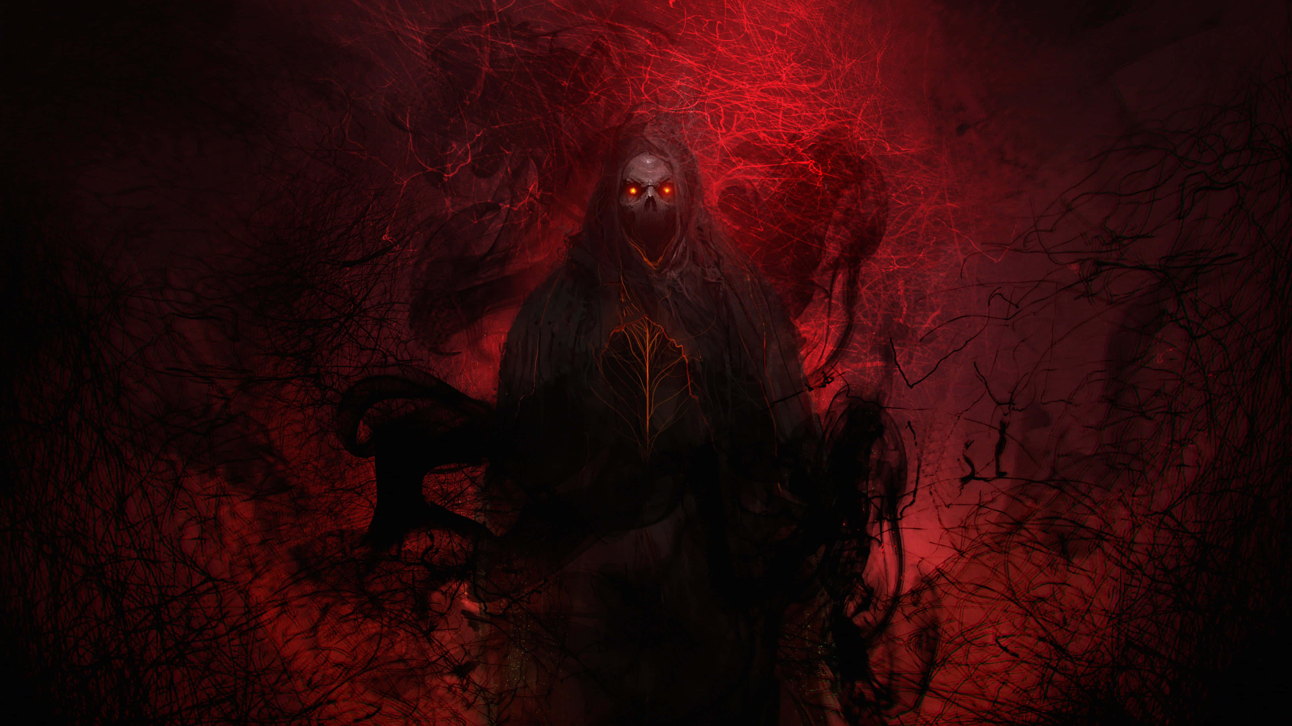 惡魔動圖 桌布 壁紙 — 一個戴著兜帽的惡魔般的人物，雙眼發出紅光，從旋轉的深紅色能量和黑暗觸手中出現。