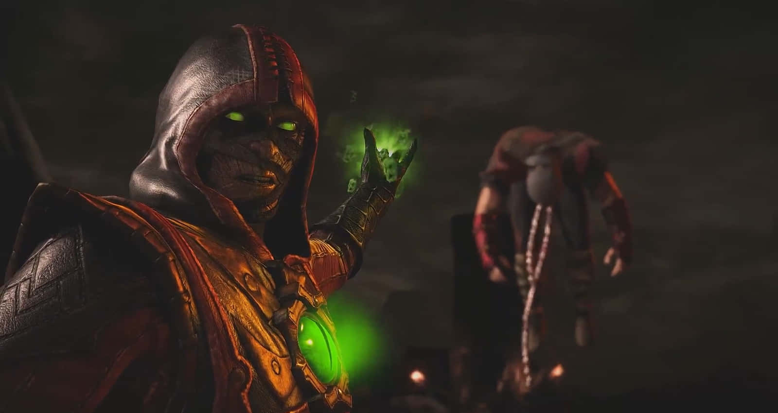 Mortal Kombat Fatality 桌布 壁紙 — 一個戴著兜帽的惡魔般的身影，擁有發光的綠色眼睛和手，在黑暗暴風雨的背景下引導著詭異的綠色能量。