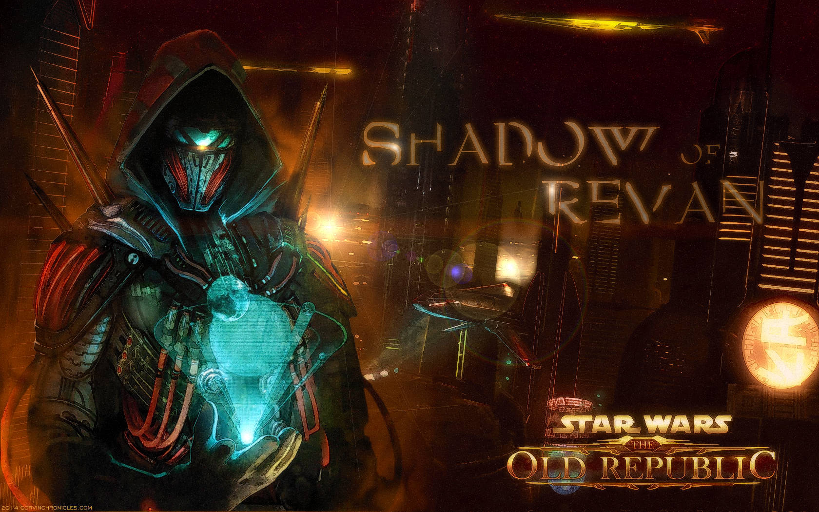 Swtor 桌布 壁紙 — 一個戴著兜帽的戰士，擁有發光的藍色眼睛和一個漂浮的心臟，在黑暗的未來城市景觀中手持一個發光的球體。