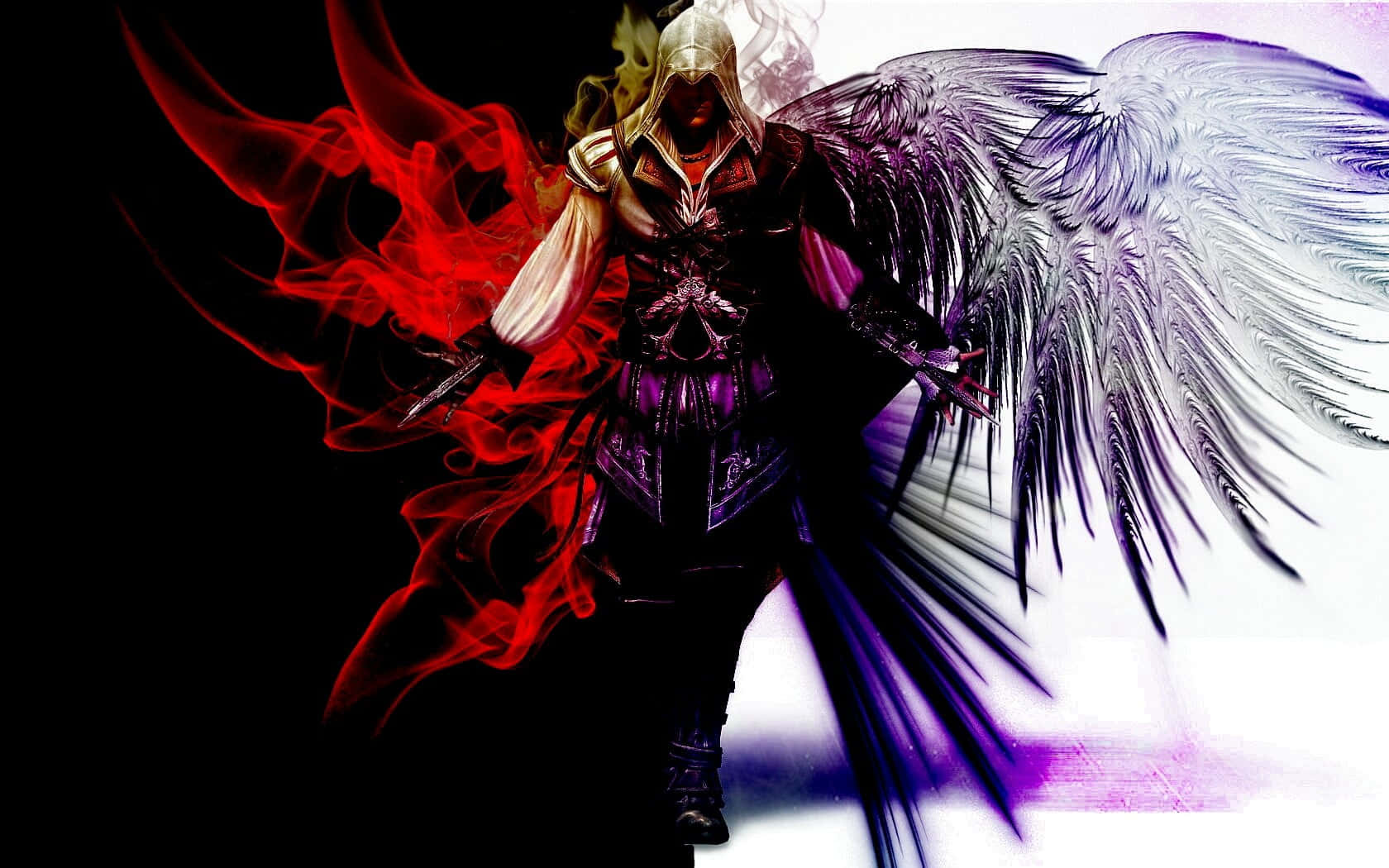 Ezio Auditore 桌布 壁紙 — 一個戴著兜帽的戰士，擁有雙翼，一邊火紅，一邊冰白，站在鮮明的黑白背景前。