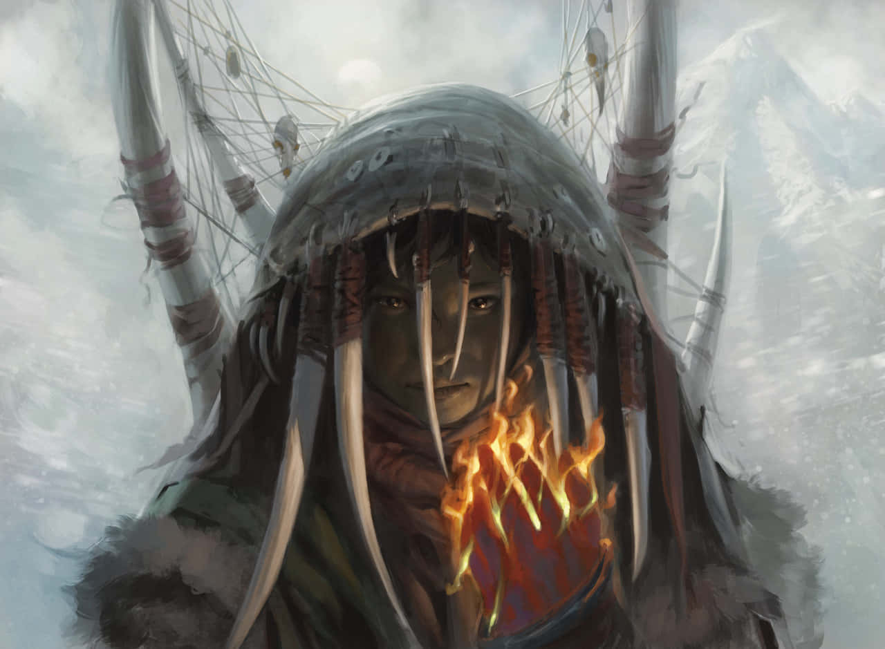 Mystical Artifacts 桌布 壁紙 — 一個戴著兜帽的戰士，胸口燃燒著火焰，佩戴著骨狀飾物，站在白雪皚皚的山脈背景下。