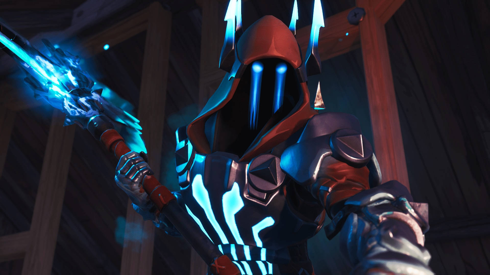 Fortnite 造型 桌布 壁紙 — 一個戴著兜帽的戰士，身穿發光的藍色和紅色盔甲，在木結構內揮舞著劈啪作響的能量武器。