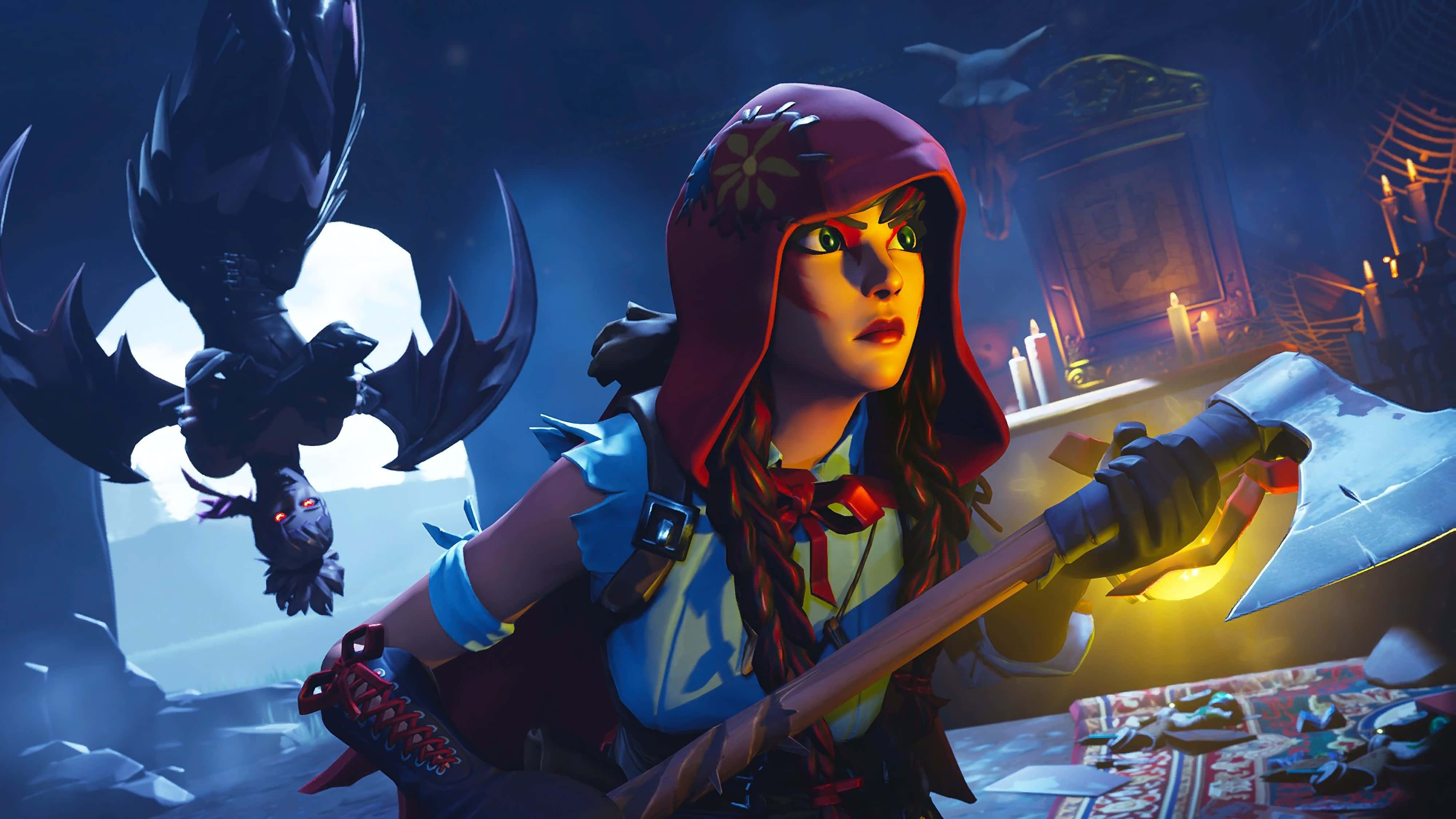 Fortnite 桌布 壁紙 — 一個戴著兜帽的戰士，雙眼發光，揮舞著發光的斧頭，旁邊有一隻黑翼生物，在一個燭光搖曳的神秘房間裡。