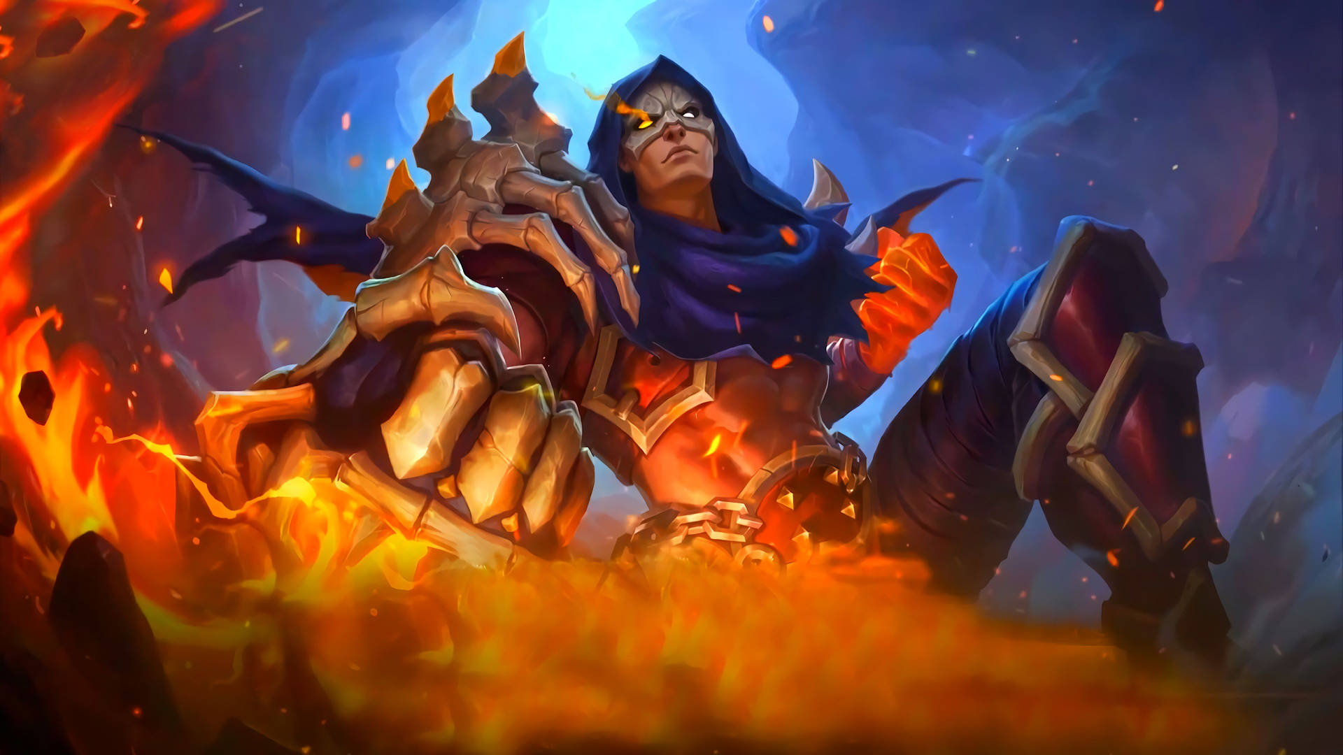 Mobile Legends 動態圖 桌布 壁紙 — 一個戴著兜帽的戰士，雙眼發光，身穿火焰盔甲，在旋轉的火焰和烏雲中挑釁地站立。