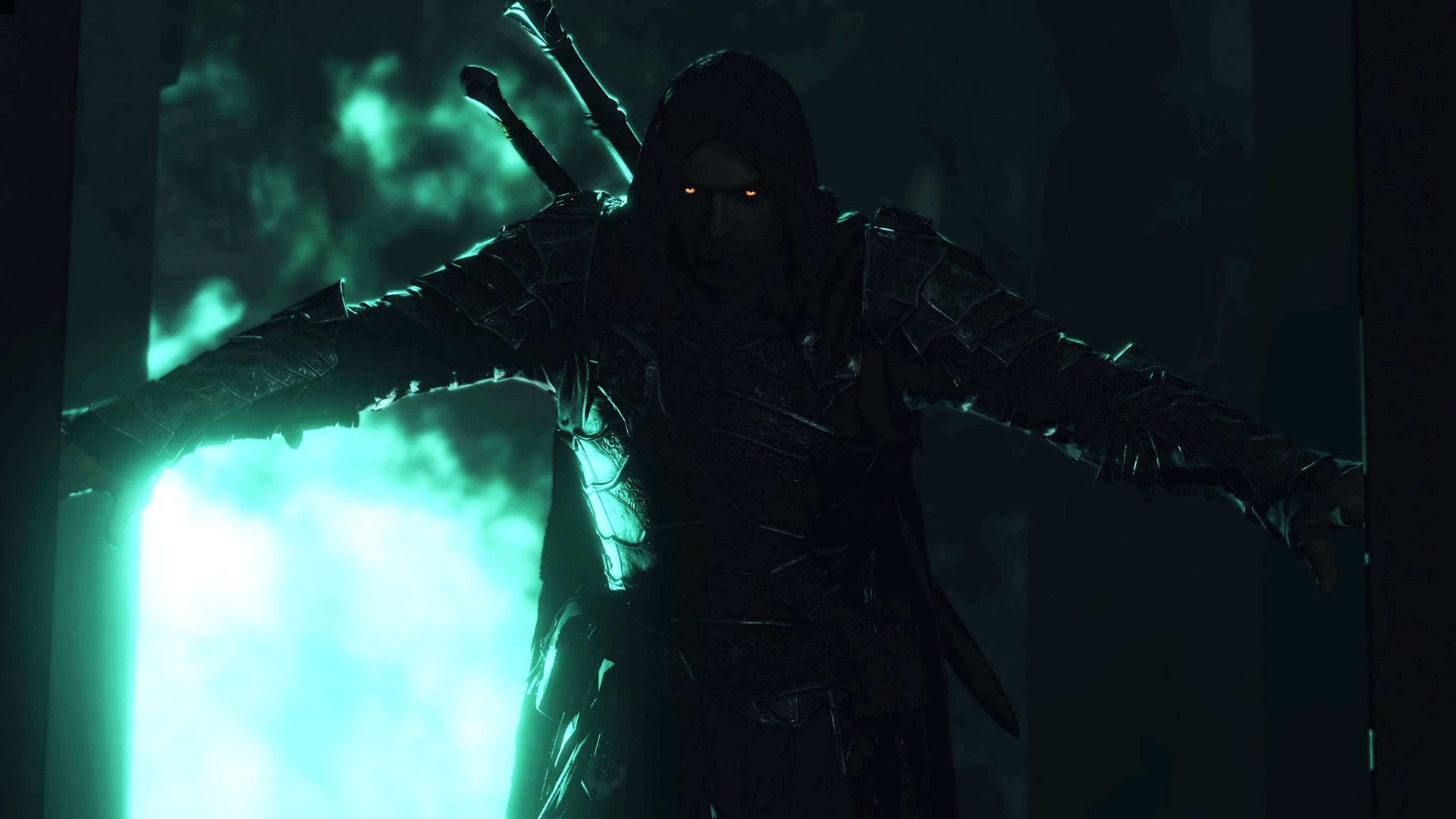 shadow of war 4K 桌布 壁紙 — 一個戴著兜帽的戰士，雙眼發出紅光，手持雙劍，站在被詭異綠光照亮的黑暗門口。