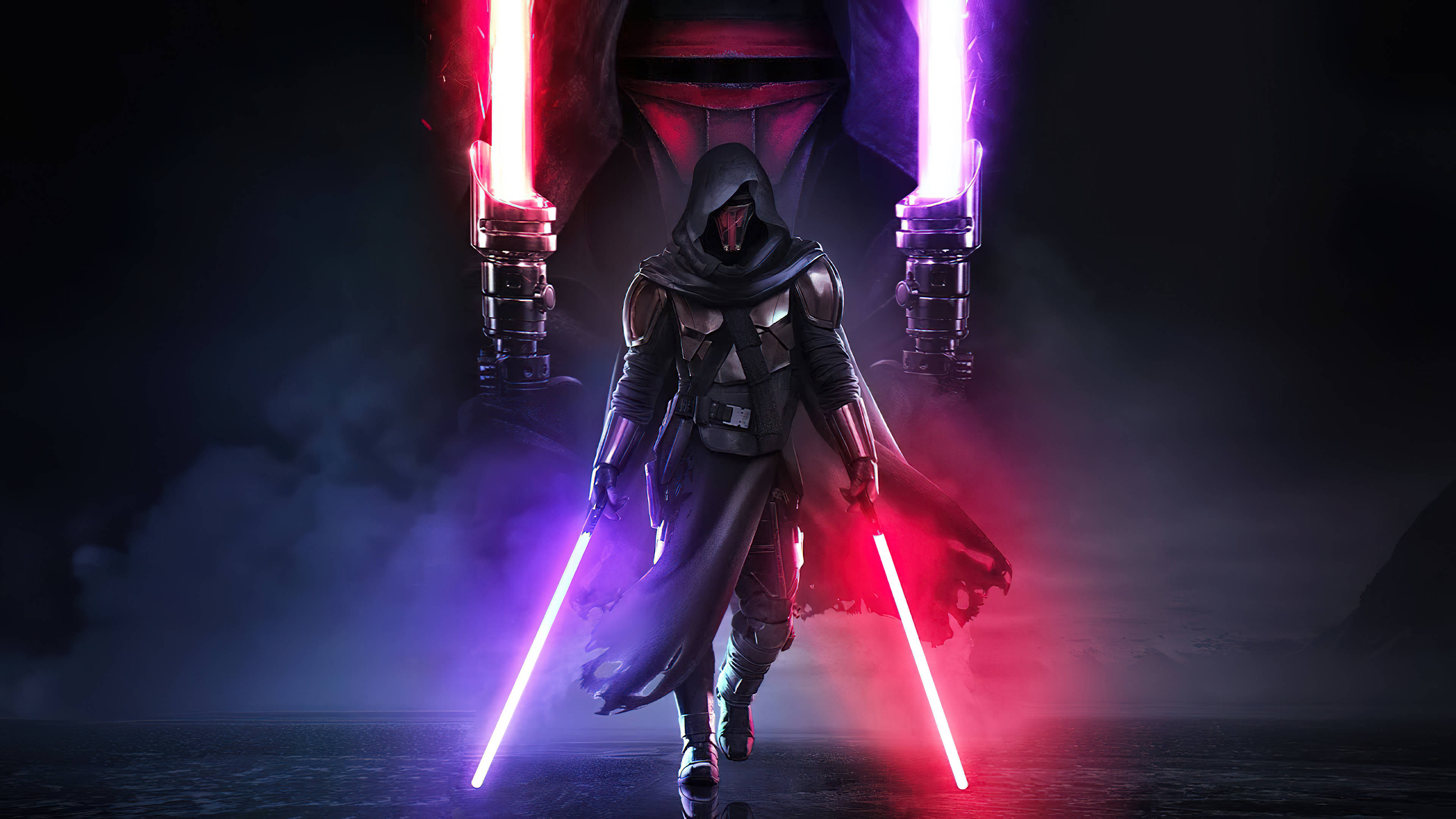 Lightsaber 桌布 壁紙 — 一個戴著兜帽的戰士向前邁步，在黑暗煙霧繚繞的背景中揮舞著兩把發光的紅色和紫色光劍。