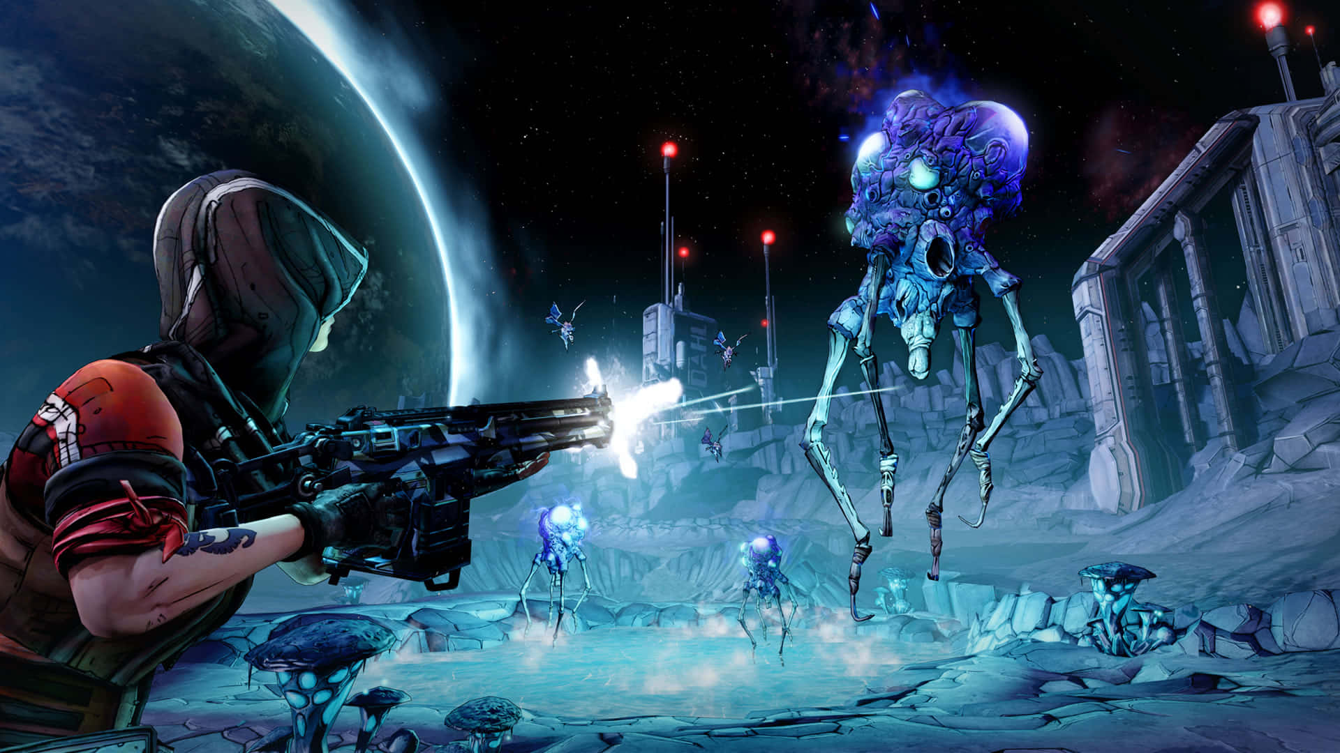 Borderlands 桌布 壁紙 — 一個戴著兜帽的戰士在一個巨大行星下的科幻外星景觀中向發光的外星生物開火。