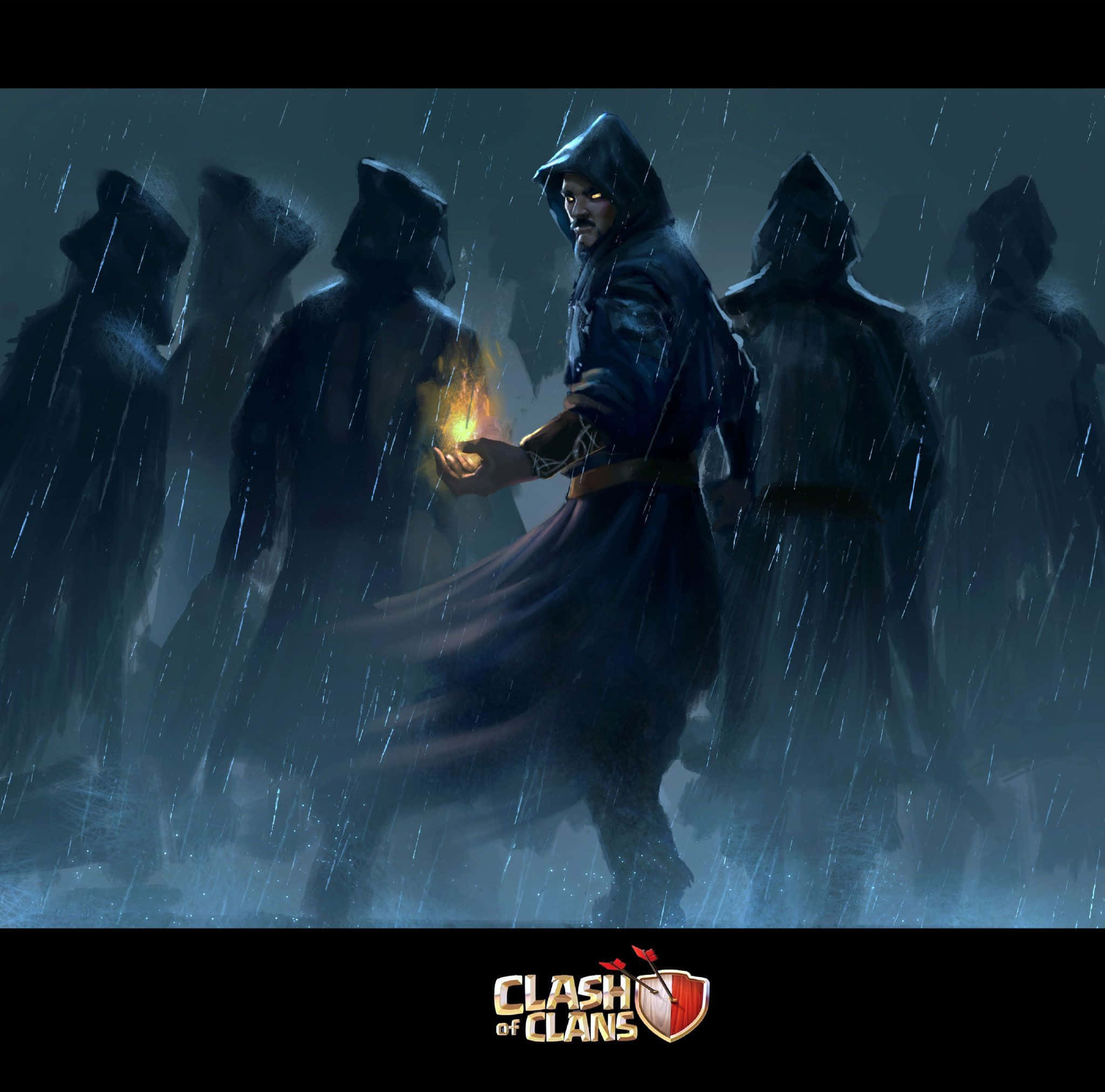 Wizardry 桌布 壁紙 — 一個戴著兜帽的戰士在傾盆大雨中手持發光球體，陰影人物在他身後隱現，構成黑暗奇幻場景。