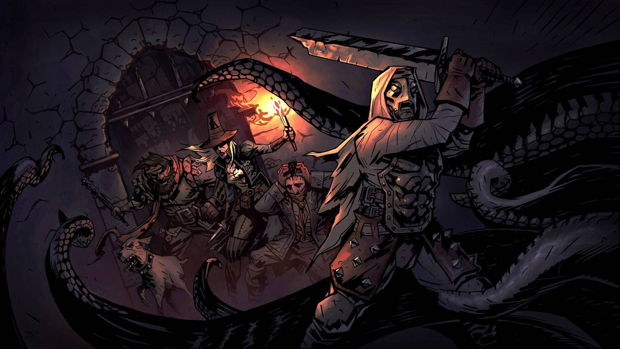 Dungeon 桌布 壁紙 — 一個戴著兜帽的戰士在黑暗、裂開的地牢中揮舞著一把巨大的劍對抗一隻巨型章魚，火炬的光芒照亮了戰鬥。