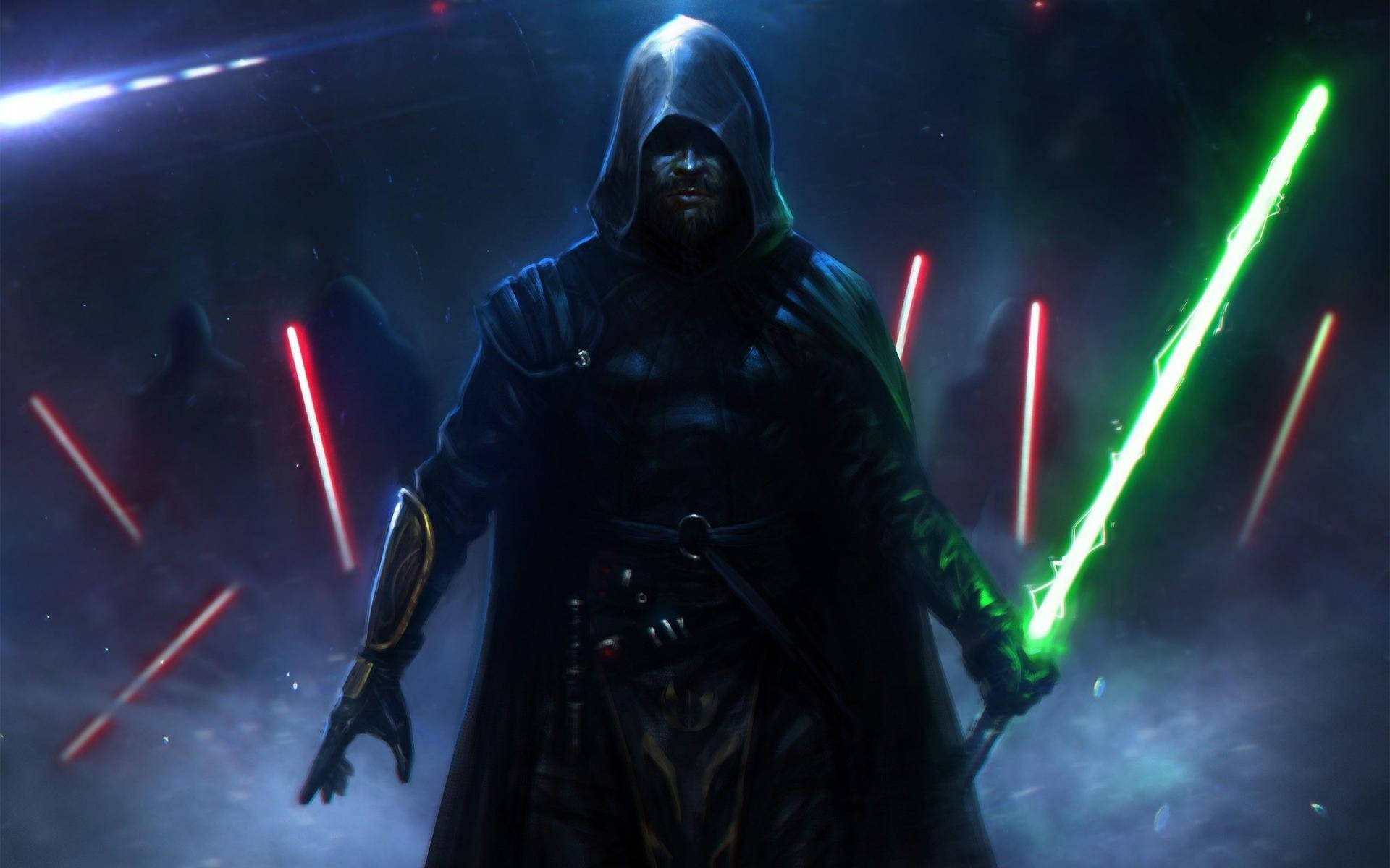 Jedi 桌布 壁紙 — 一個戴著兜帽的戰士在黑暗迷霧的戰場上，揮舞著發光的綠色光劍，周圍紅色劍刃紛紛落下。