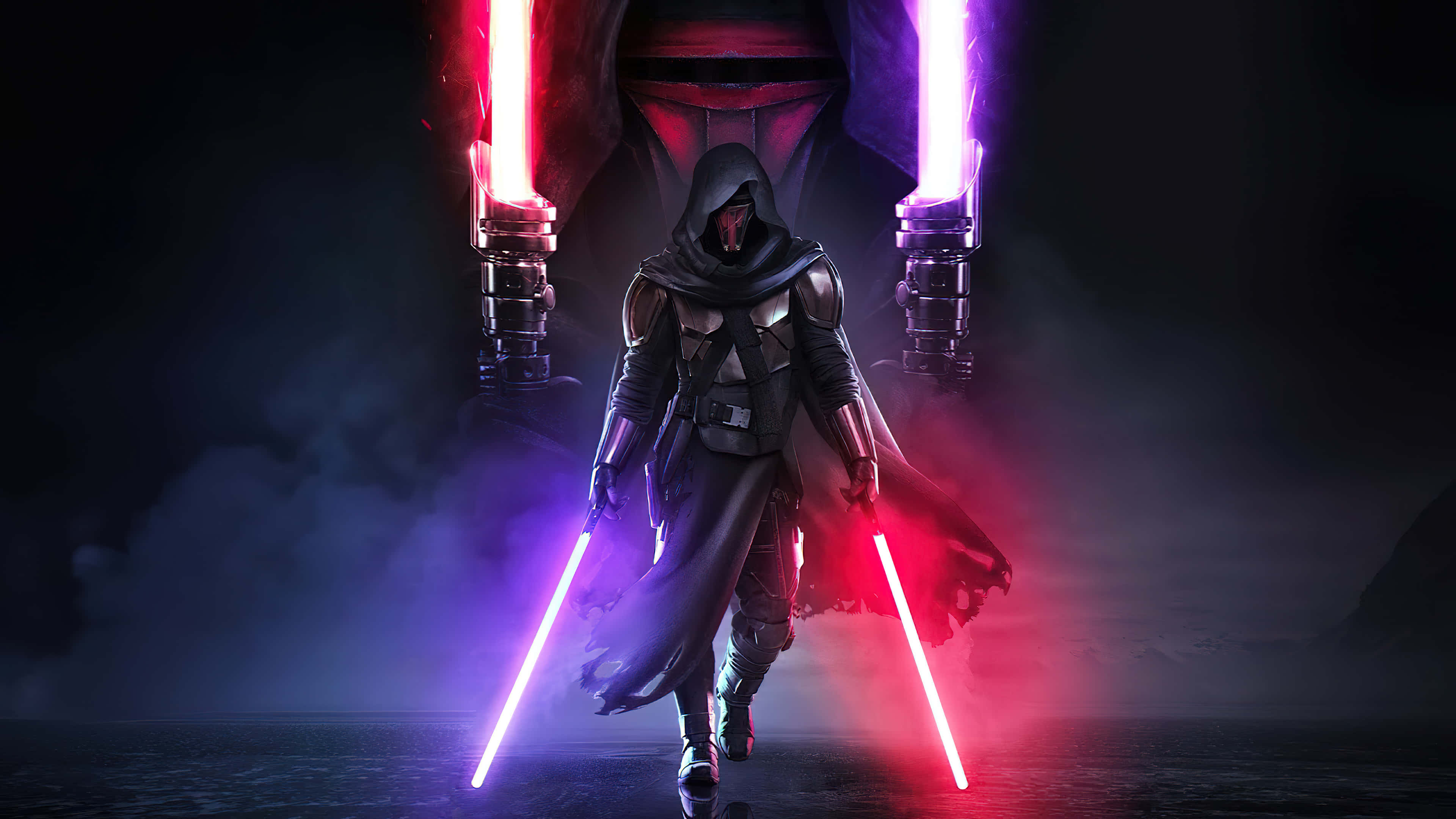 Darth Revan 4K 桌布 壁紙 — 一個戴著兜帽的戰士在黑暗陰沉的天際下揮舞著紅色和紫色的雙光劍向前邁進。
