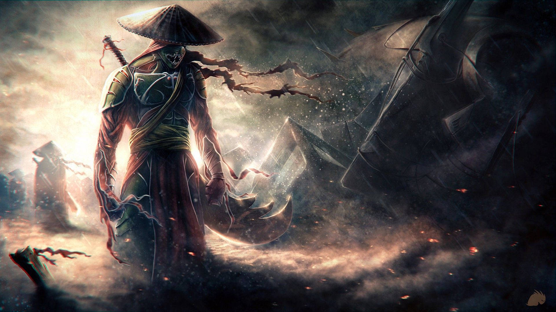 Anime Samurai 桌布 壁紙 — 一個戴著兜帽的戰士手持彎曲的刀刃，站在暴風雨中的廢墟中，閃電在他周圍劈啪作響。