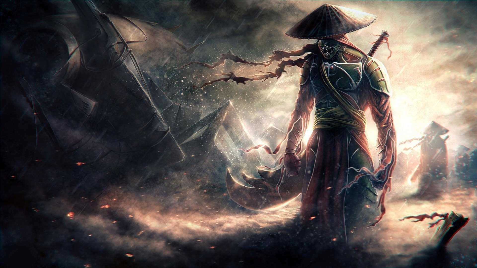 武士動畫 桌布 壁紙 — 一個戴著兜帽的戰士手持發光的劍，在風暴肆虐的戰場上挑釁地站立，周圍有破碎的盔甲和熾熱的火星旋轉。