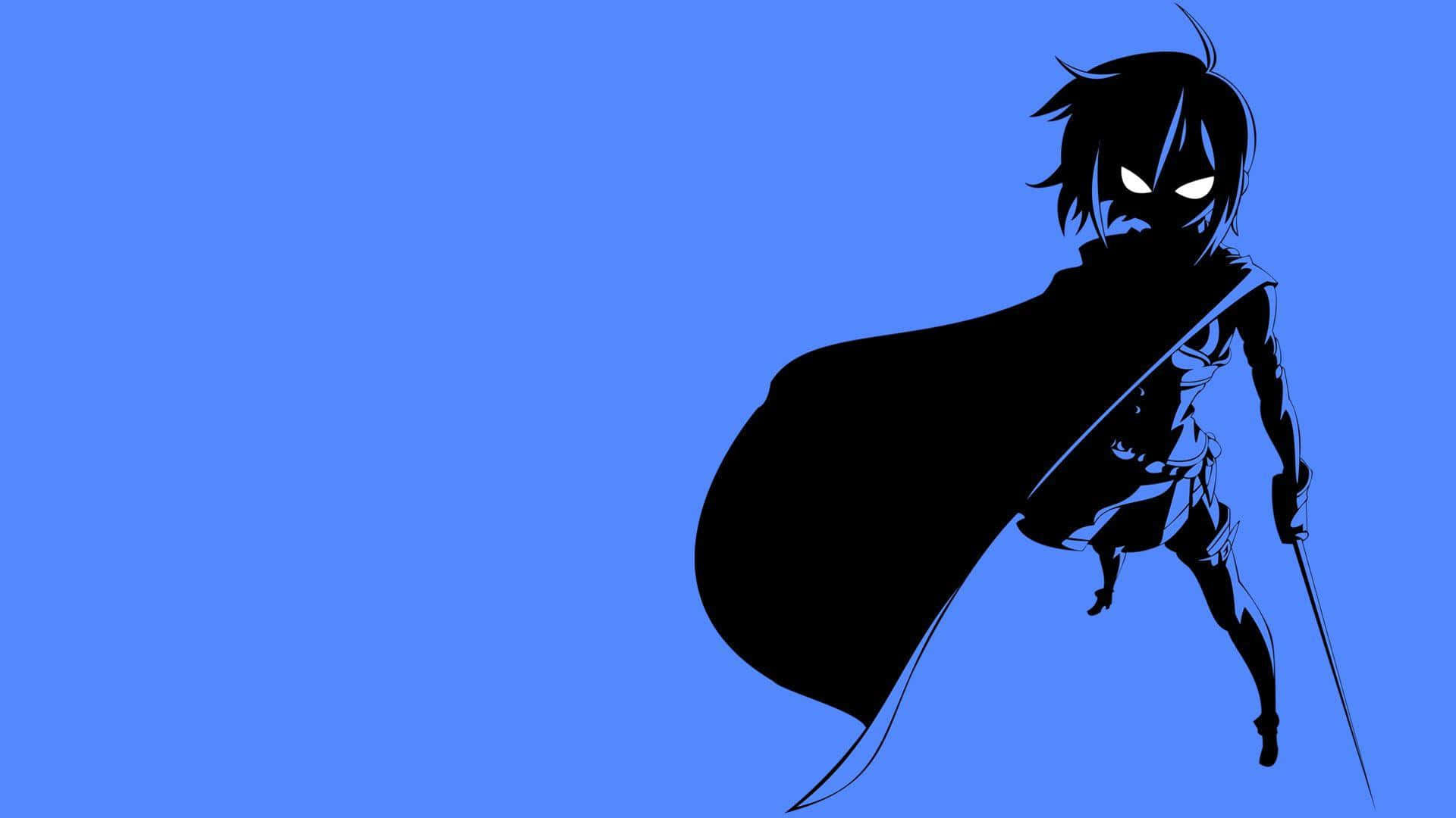 Anime Minimalist 桌布 壁紙 — 一個戴著兜帽的戰士的鮮明黑色剪影，眼睛發光，披風飄逸，手持劍，站在純藍色背景前。