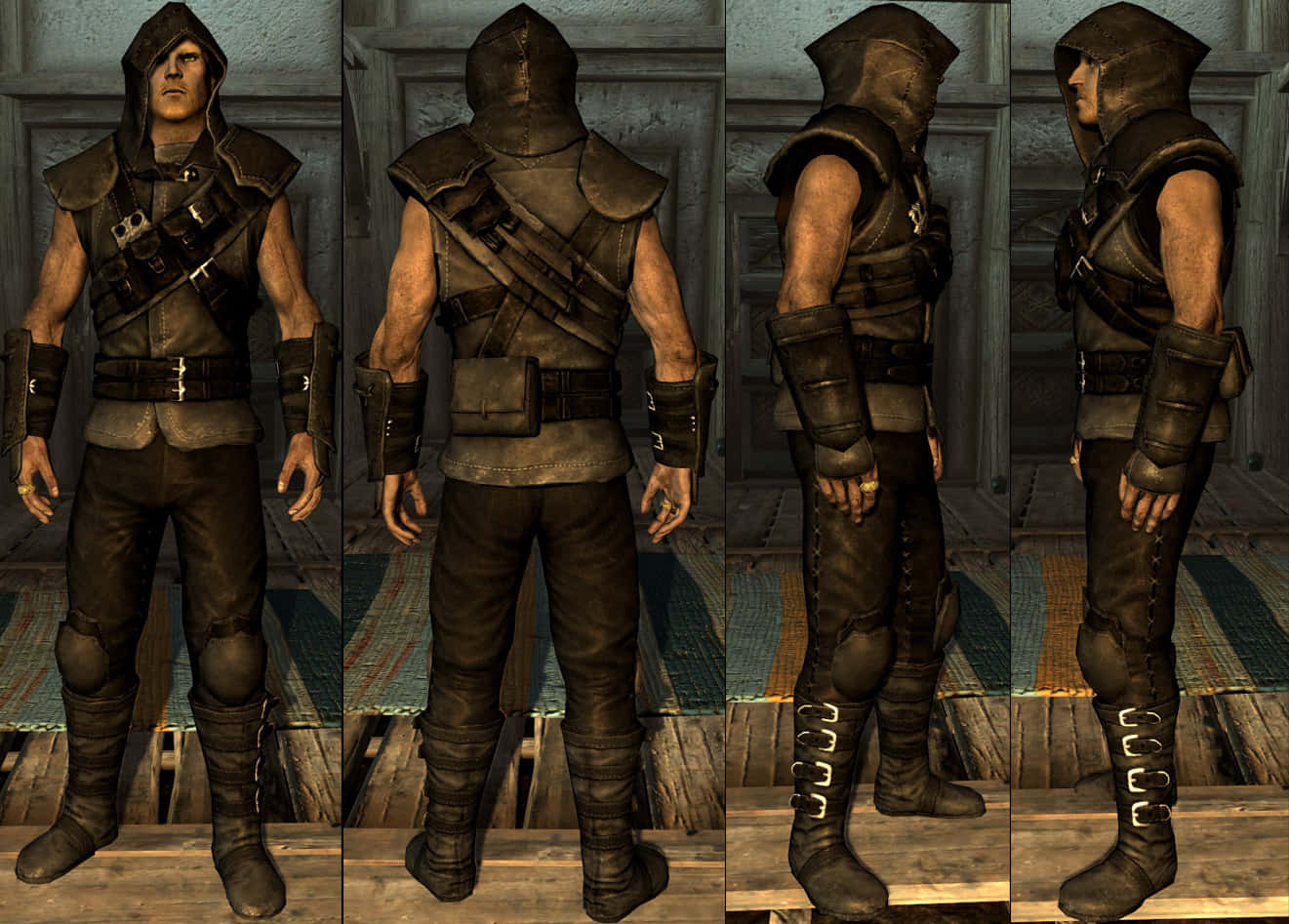 Thieves Guild 桌布 壁紙 — 一個戴著兜帽的戰士穿著深色皮革盔甲，從四個角度展示，站在一個木製房間裡。
