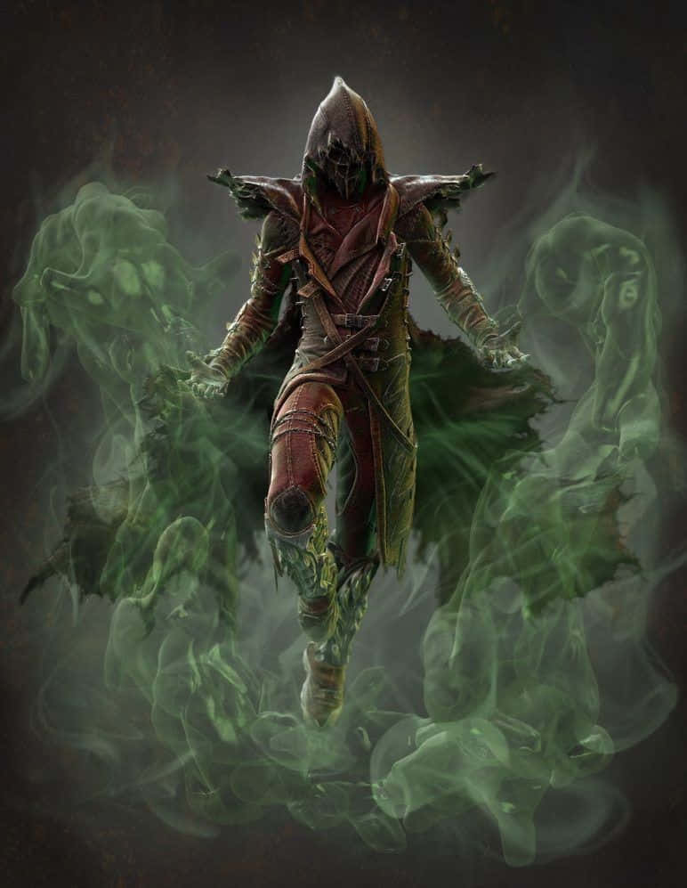 Mortal Kombat Ermac 桌布 壁紙 — 一個戴著兜帽的戰士穿著破爛的紅色盔甲，在黑暗背景下漂浮於旋轉的綠色幽靈能量之中。