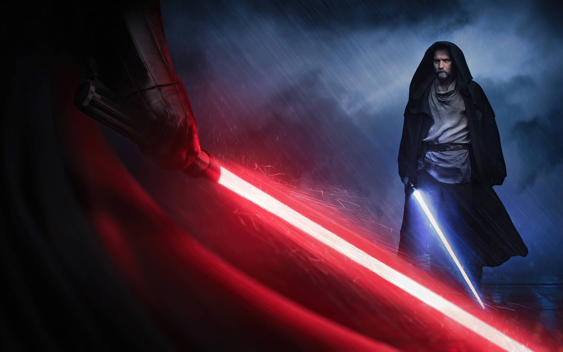 Kenobi 桌布 壁紙 — 一個戴著兜帽的戰士站在暴風雨的夜晚，手持藍色光劍，而一把紅色光劍劃破雨幕，展開戲劇性的對決。