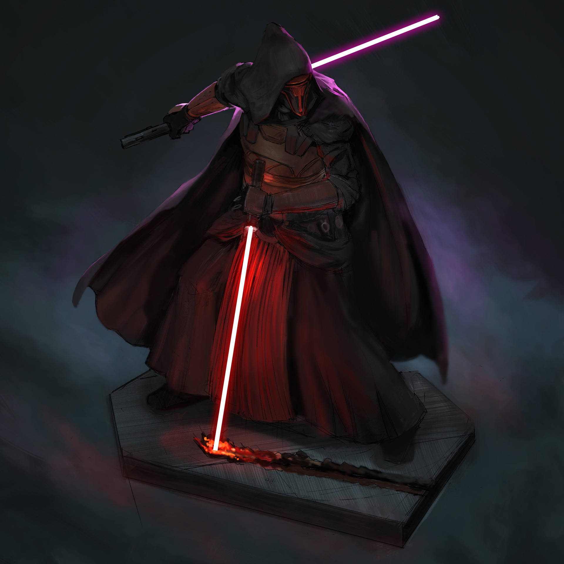 Revan 桌布 壁紙 — 一個戴著兜帽的戰士身穿深色長袍，在煙霧繚繞的暮色背景下以戲劇性的姿勢揮舞著發光的紅色光劍和爆能槍。