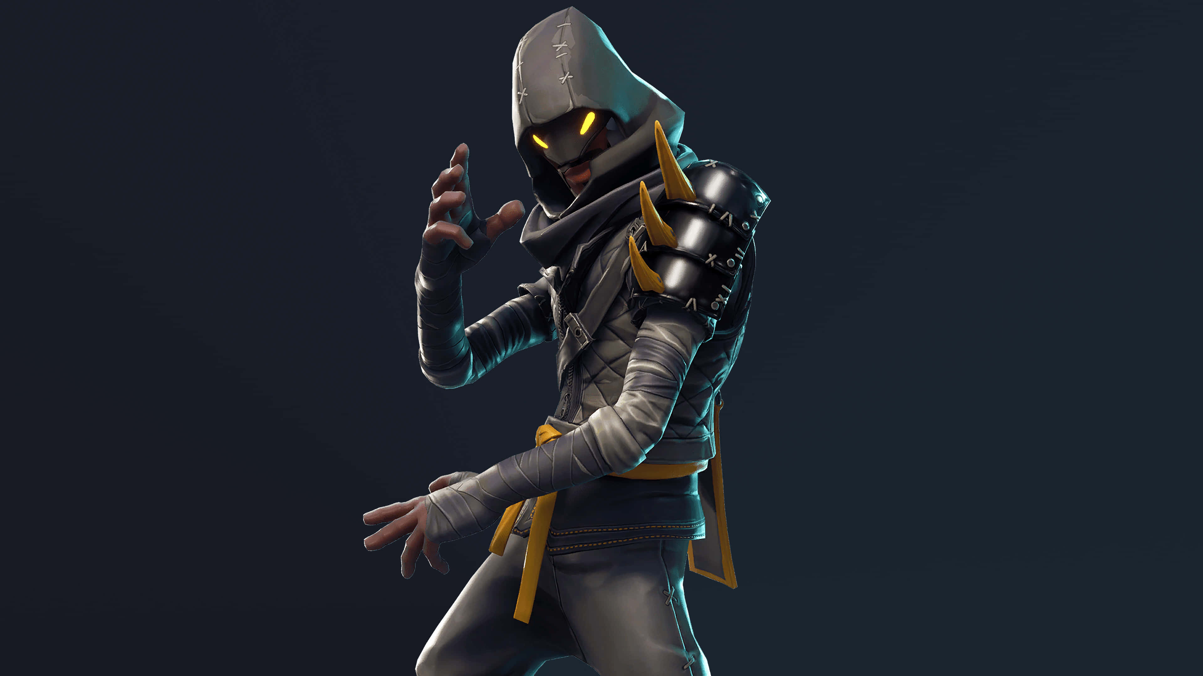Fortnite Skins Battle Royale 桌布 壁紙 — 一個戴著兜帽的數位角色，擁有發光的黃色眼睛和金色點綴，在黑暗背景下擺出動態姿勢。